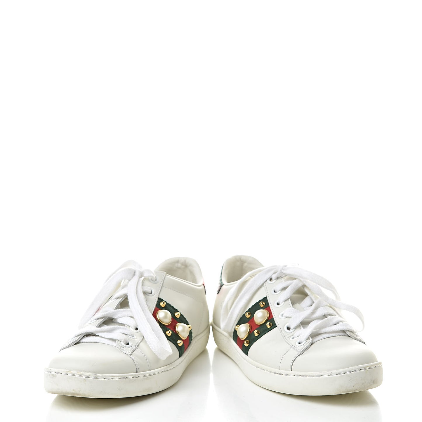 Calfskin Web Pearl Studded Womens Ace Sneakers 34 White