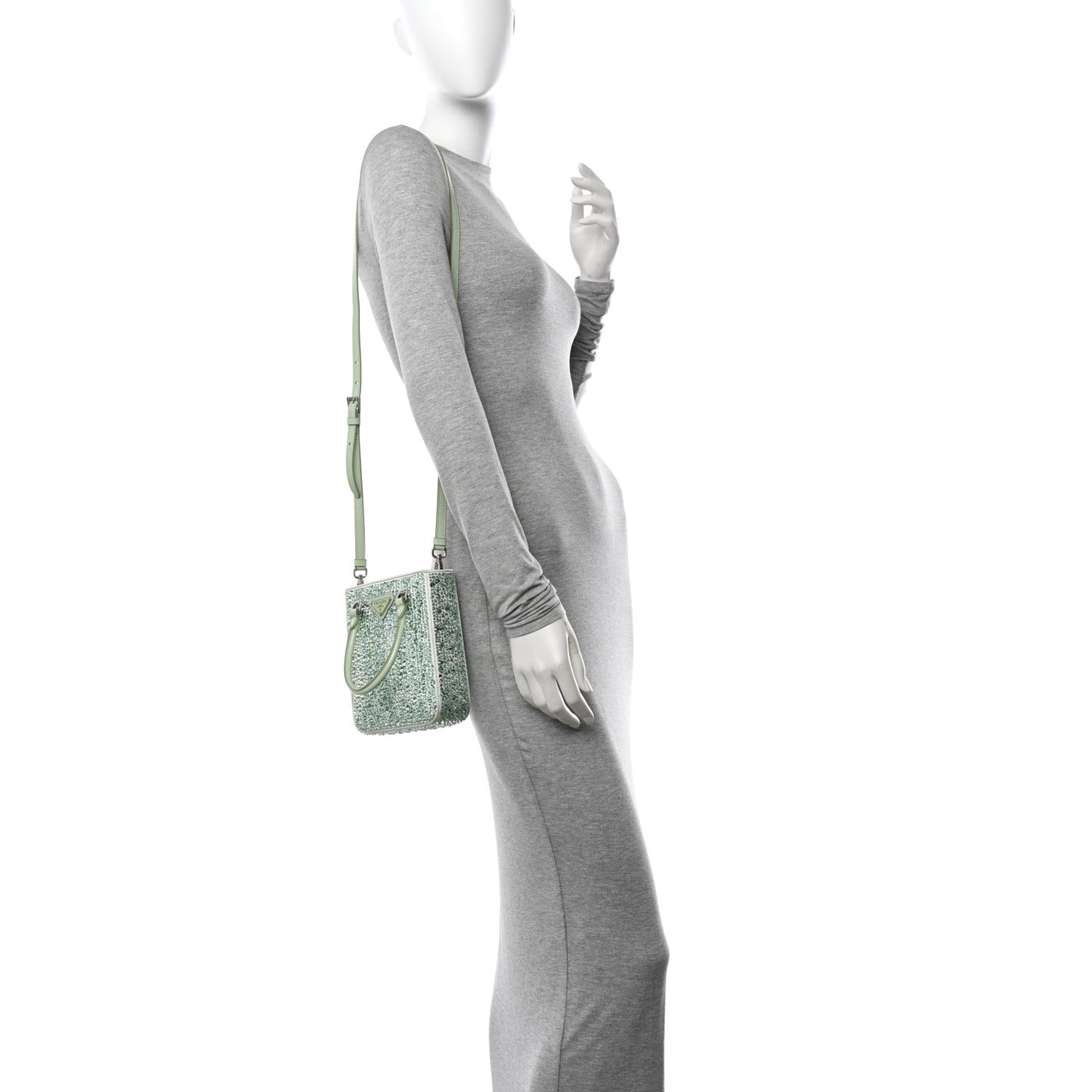 Satin Crystal Metal Triangle Logo Small Double Handle Crossbody Tote Acqua