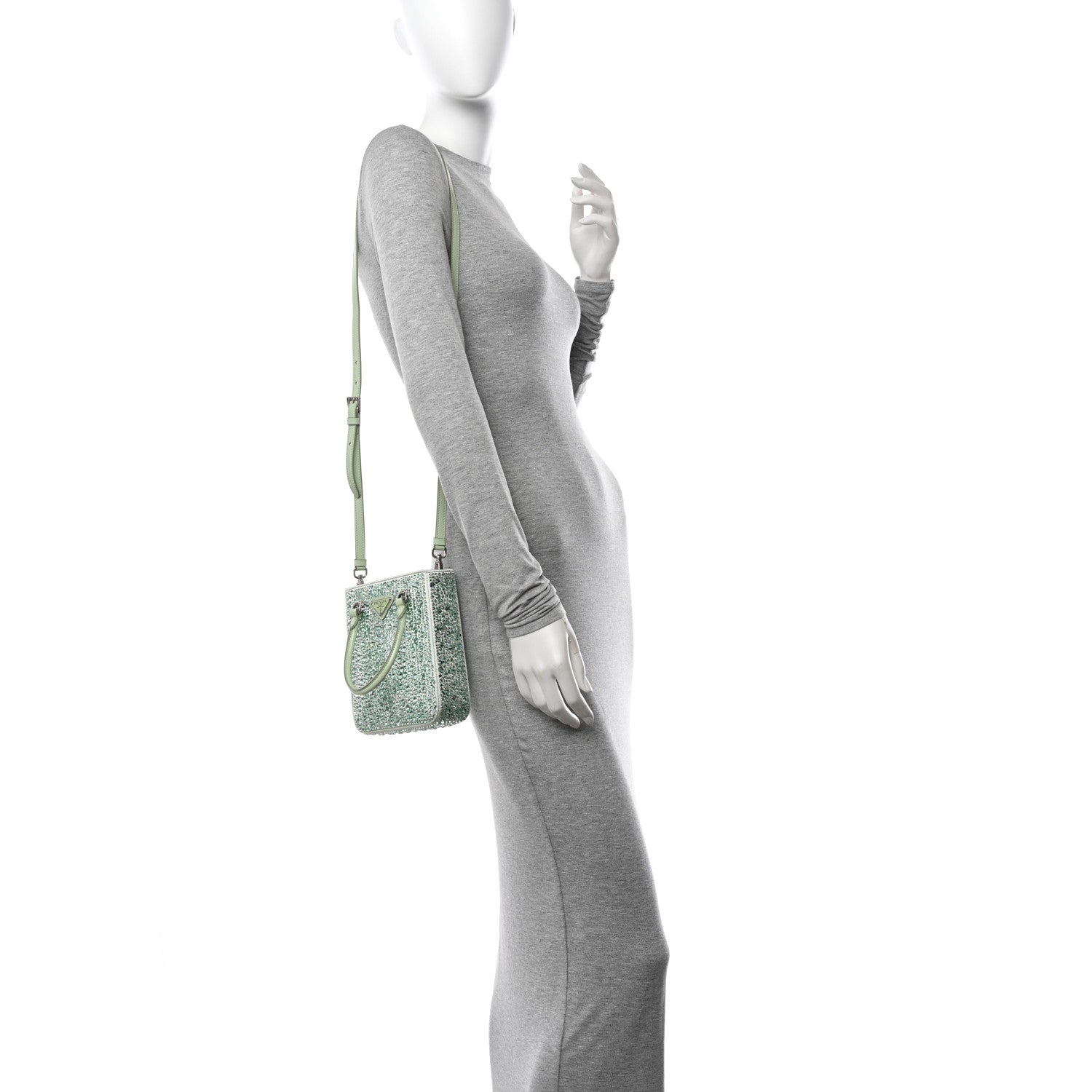 Prada Satin Crystal Metal Triangle Logo Small Double Handle Crossbody Tote Acqua 2 of 11
