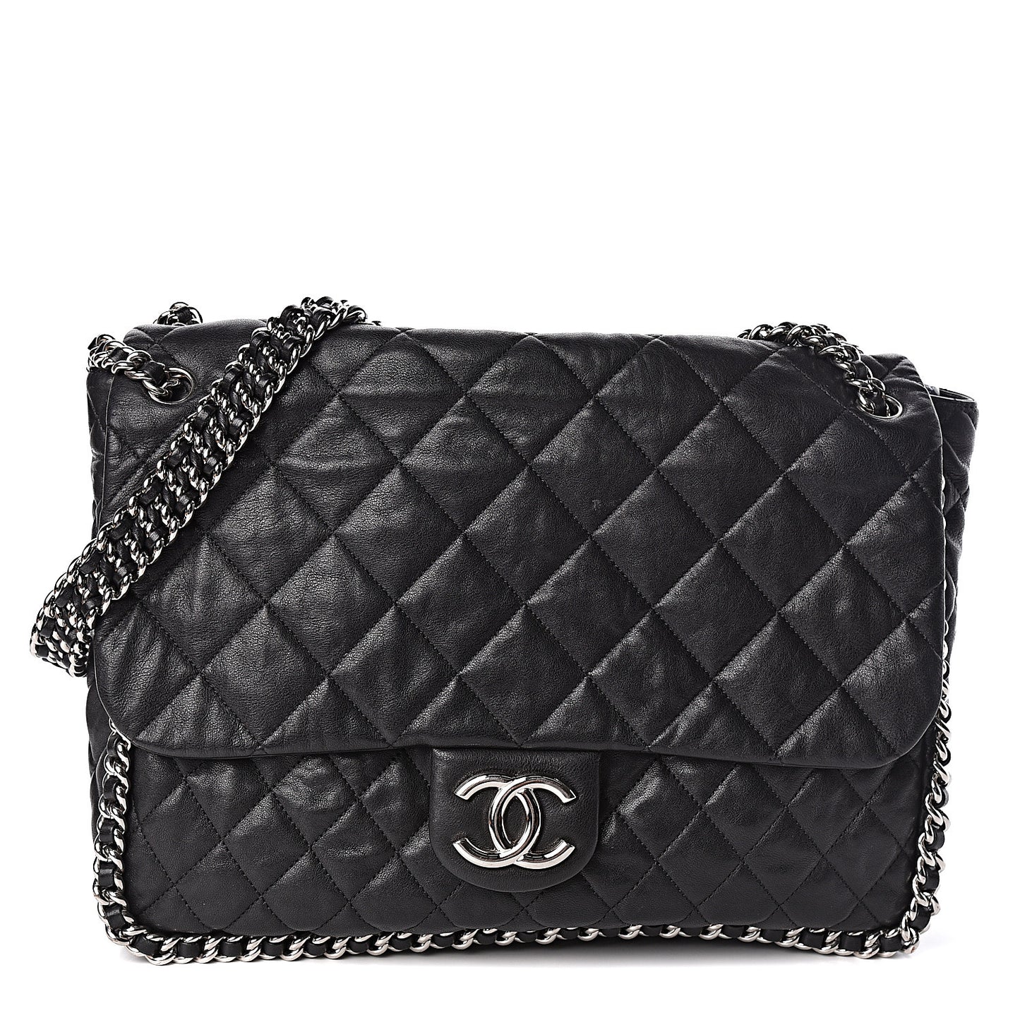 Washed Lambskin Quilted Maxi Chain Around Flap Black