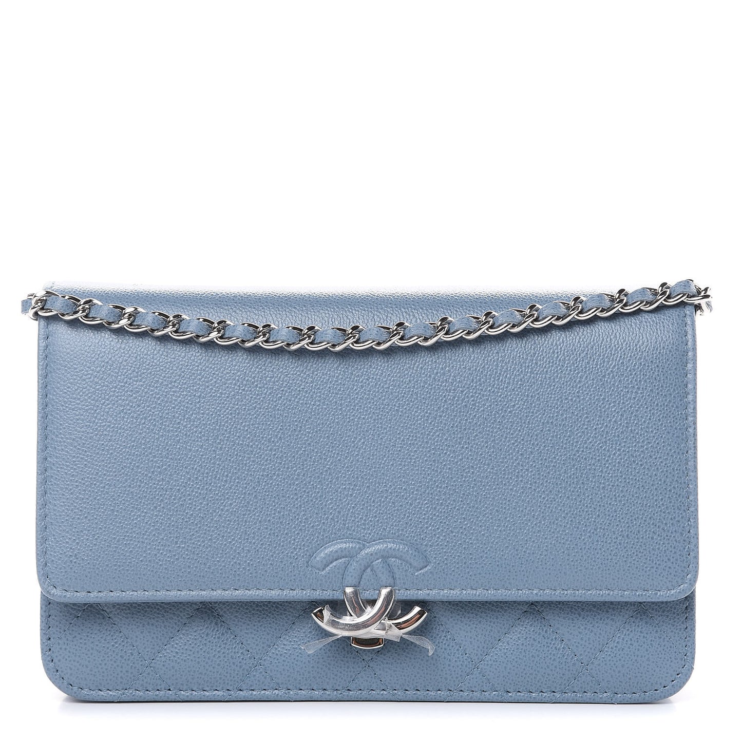 Grained Calfskin Quilted CC Box Wallet On Chain WOC Blue
