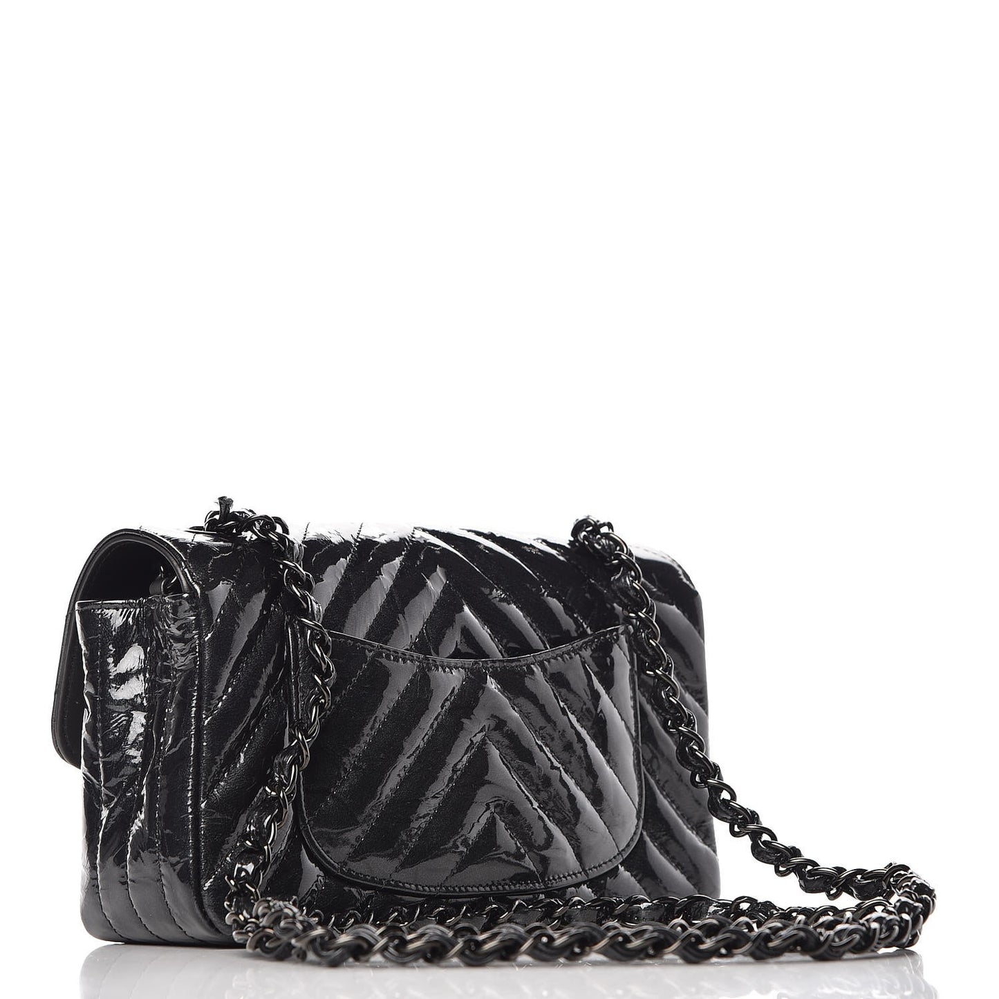 Patent Metallic Crumpled Calfskin Chevron Quilted Mini Rectangular Flap So Black