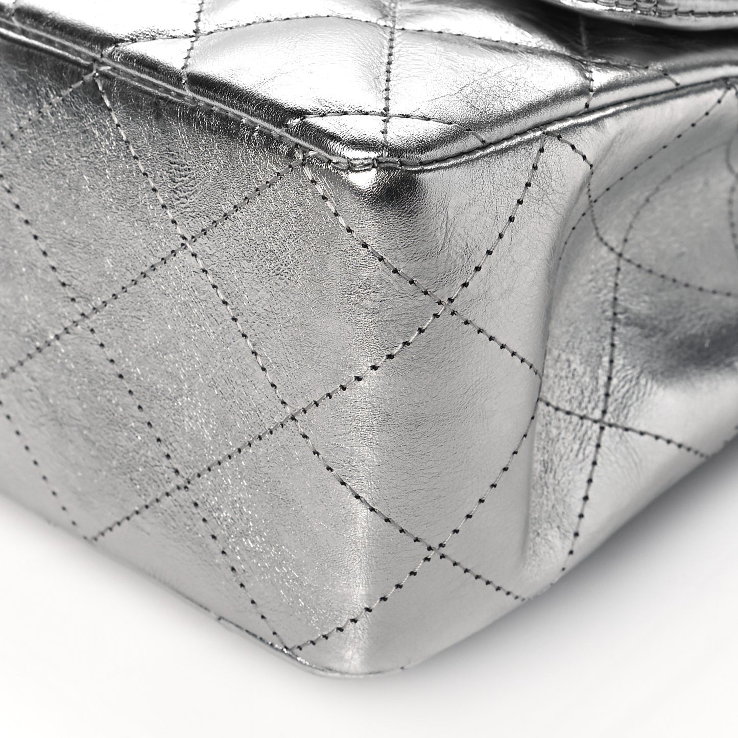 Metallic Aged Calfskin Quilted Jumbo Single Flap Silver