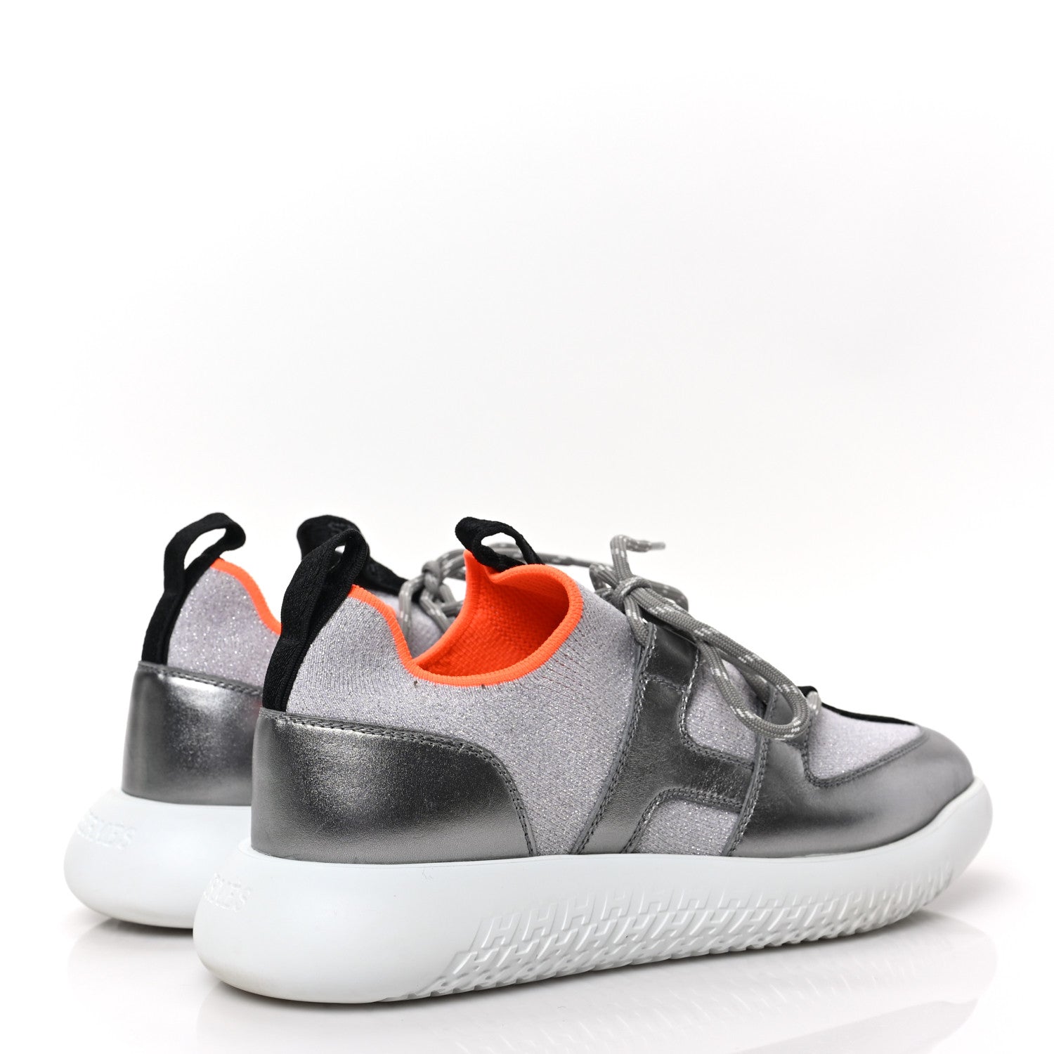 Hermes Knit Metallic Calfskin Womens Duel Sneakers 36 Argent Orange Black 4 of 7