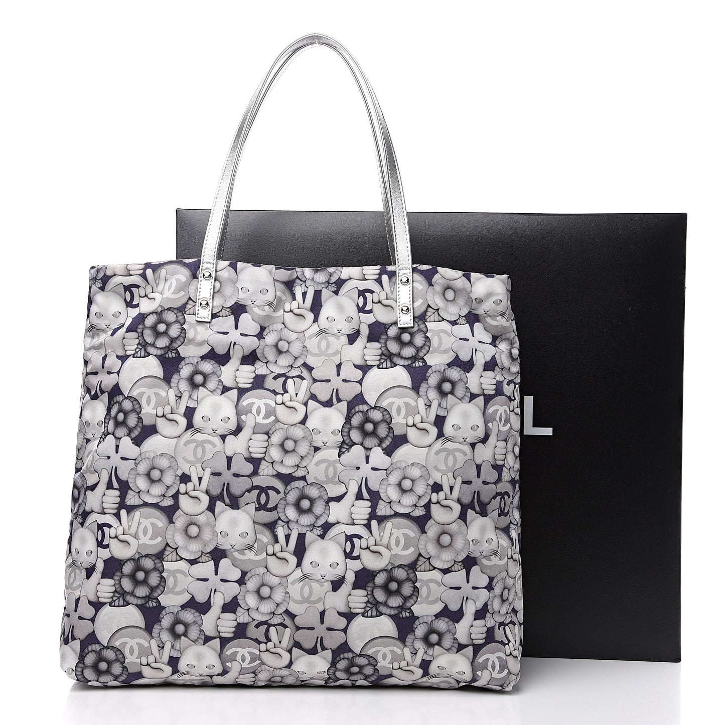 Nylon Cat Emoticon Tote Navy Silver