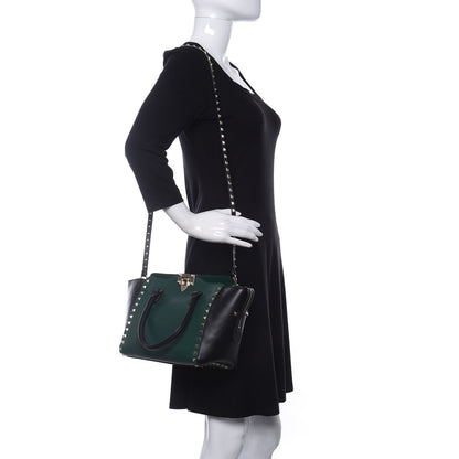Valentino Garavani Vitello Bi-Color Small Rockstud Double Handle Tote Green Black 2 of 9