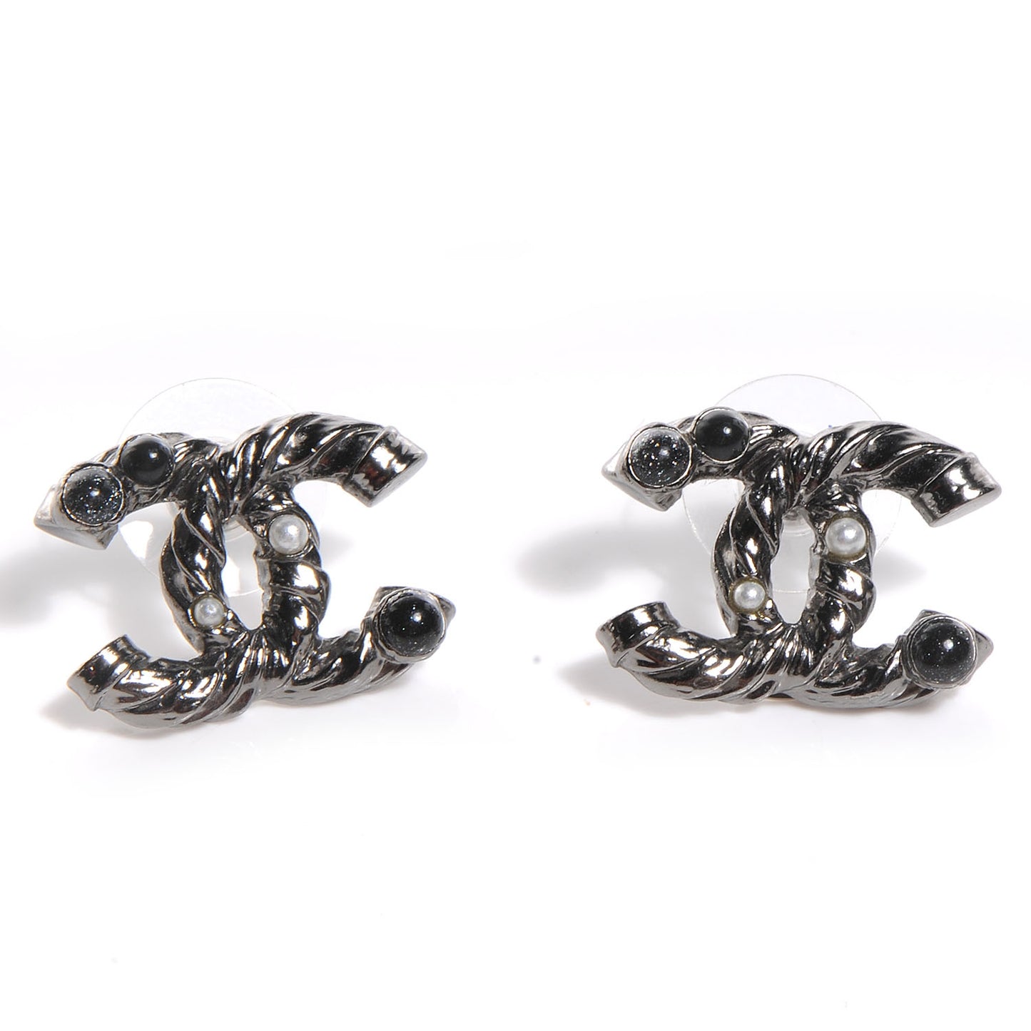Pearl Beaded Twisted CC Earrings Dark Silver