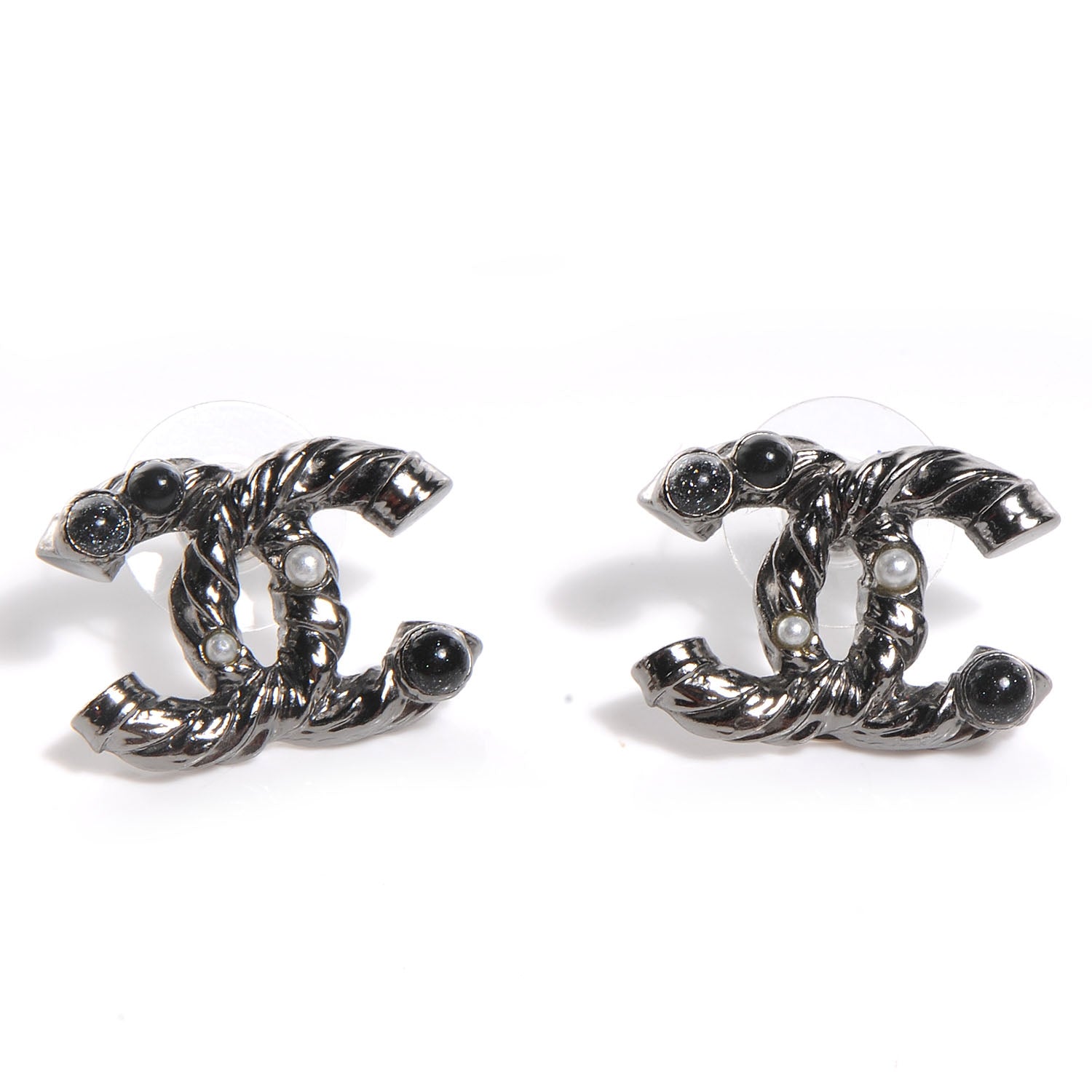 Chanel Pearl Beaded Twisted CC Earrings Dark Silver 1 of 4