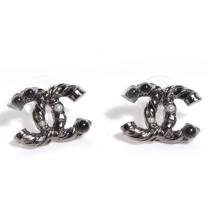 Chanel Pearl Beaded Twisted CC Earrings Dark Silver 1 of 4