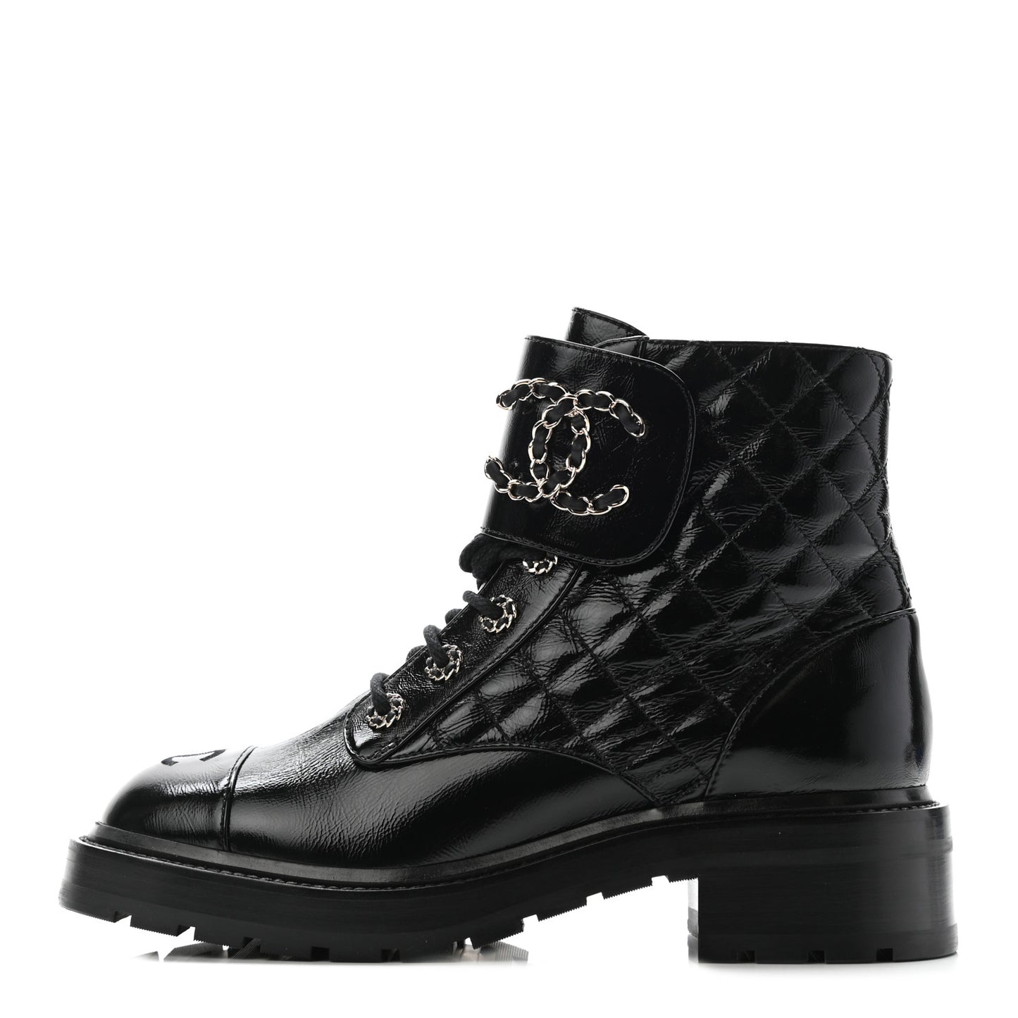 Shiny Calfskin Quilted Lace Up Combat Boots 39 Black