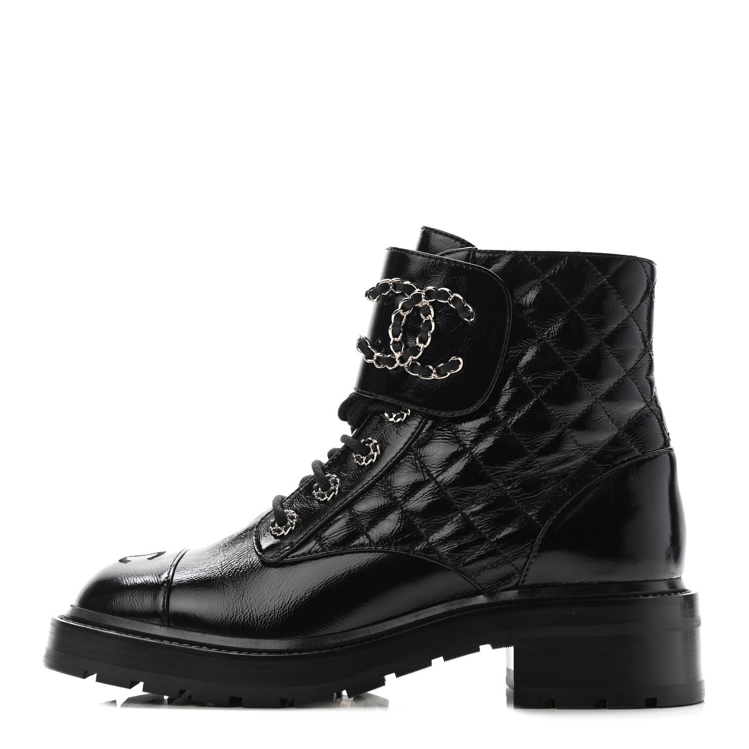 Chanel Shiny Calfskin Quilted Lace Up Combat Boots 39 Black 1 of 12