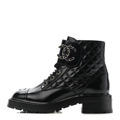 Chanel Shiny Calfskin Quilted Lace Up Combat Boots 39 Black 1 of 12