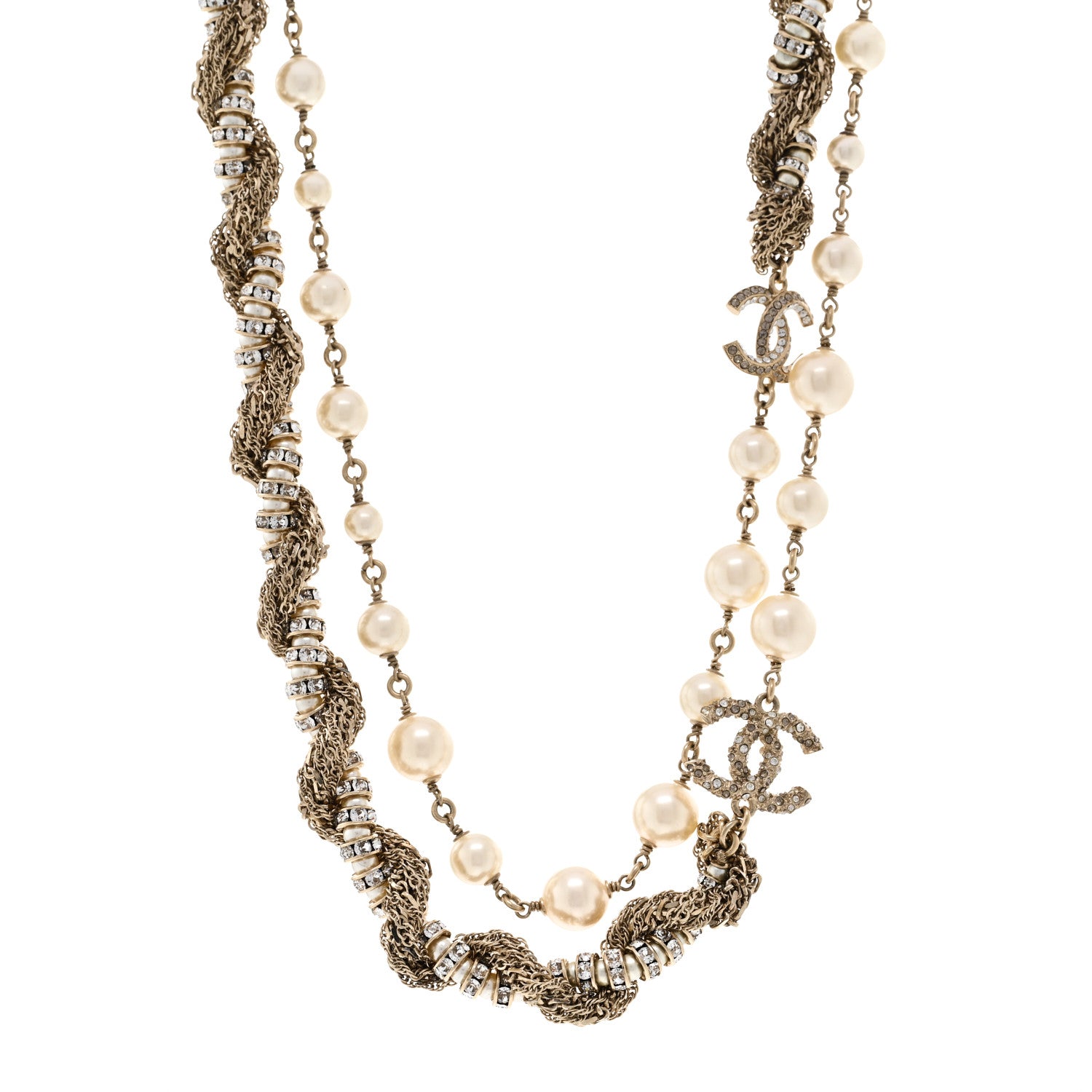 Chanel Pearl Crystal CC Braided Chain Long Necklace Light Gold 1 of 5
