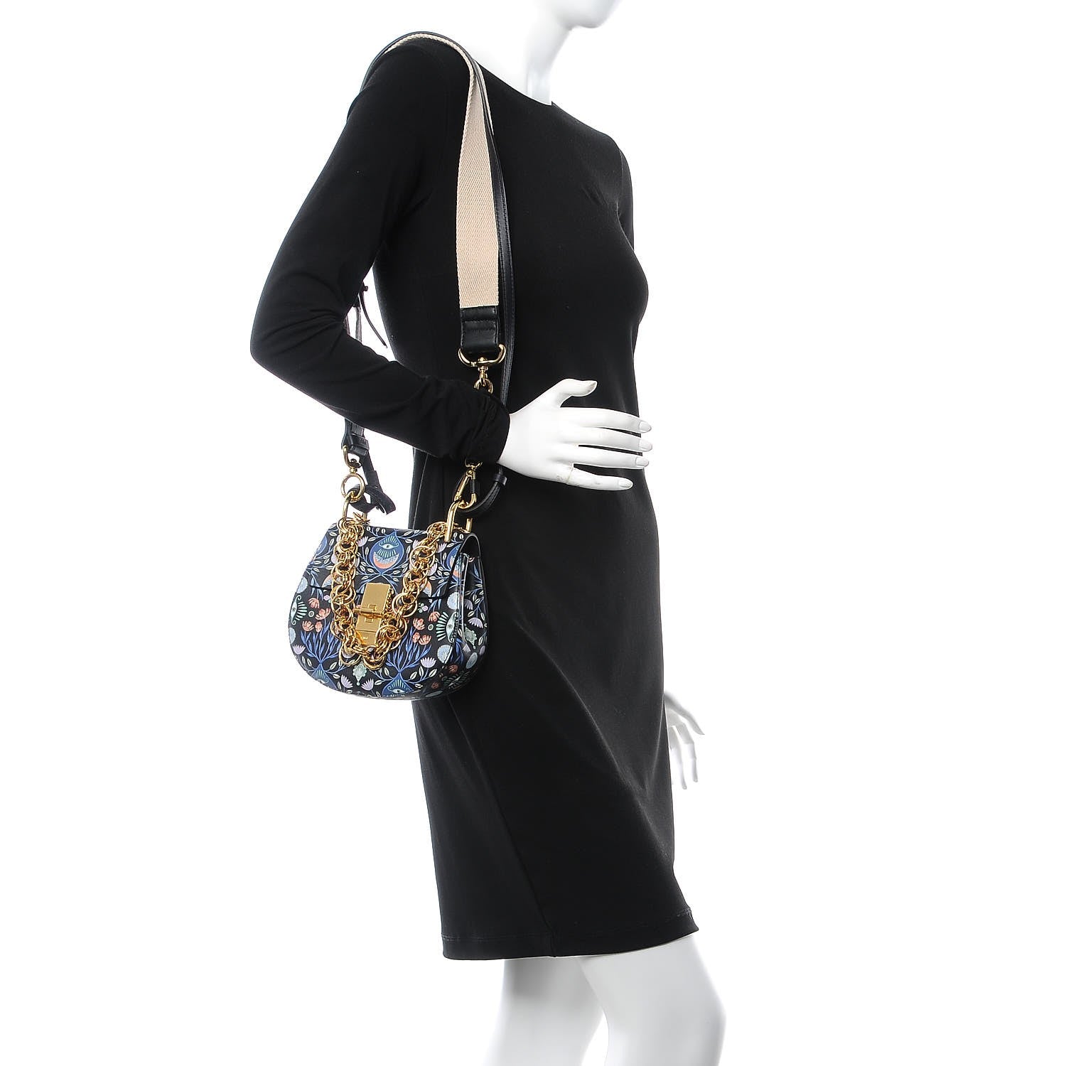 Chloe Calfskin Floral Print Drew Bi-Color Shoulder Bag Full Blue 2 of 6