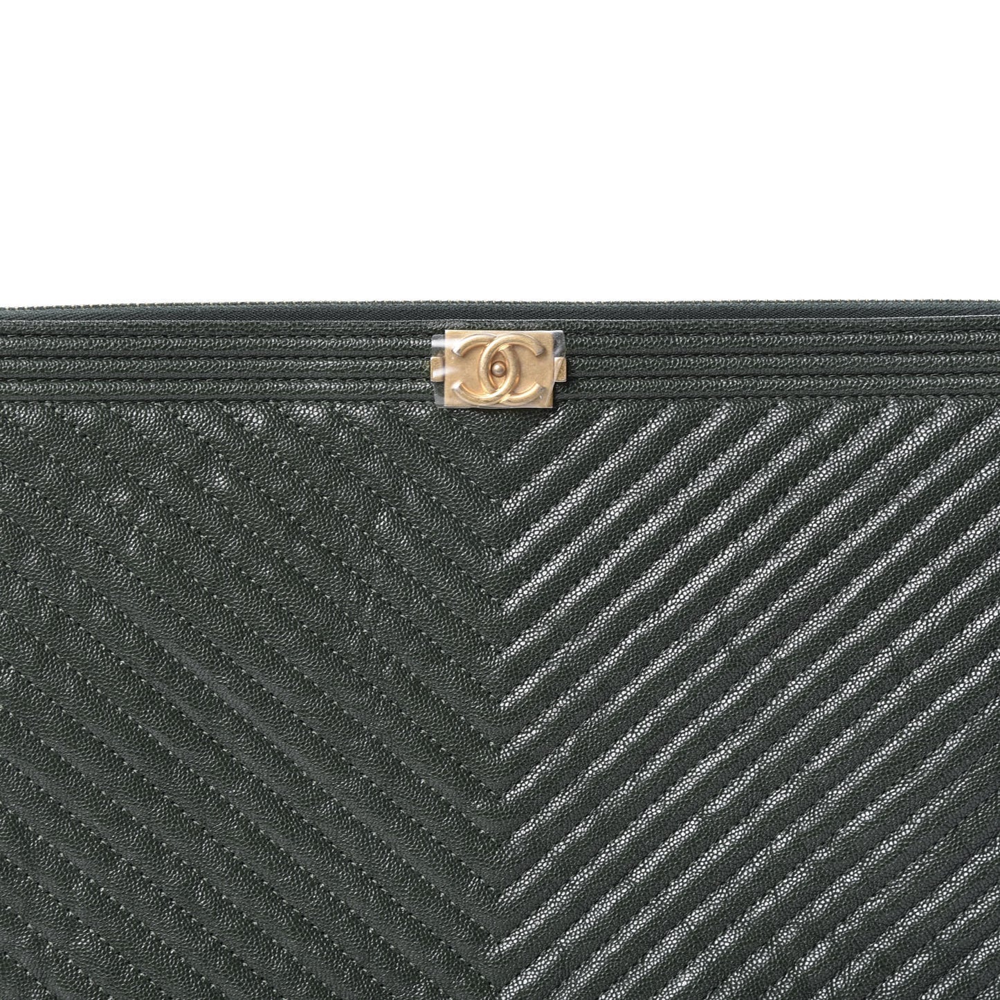 Caviar Chevron Quilted Medium Boy Zip Pouch Dark Green