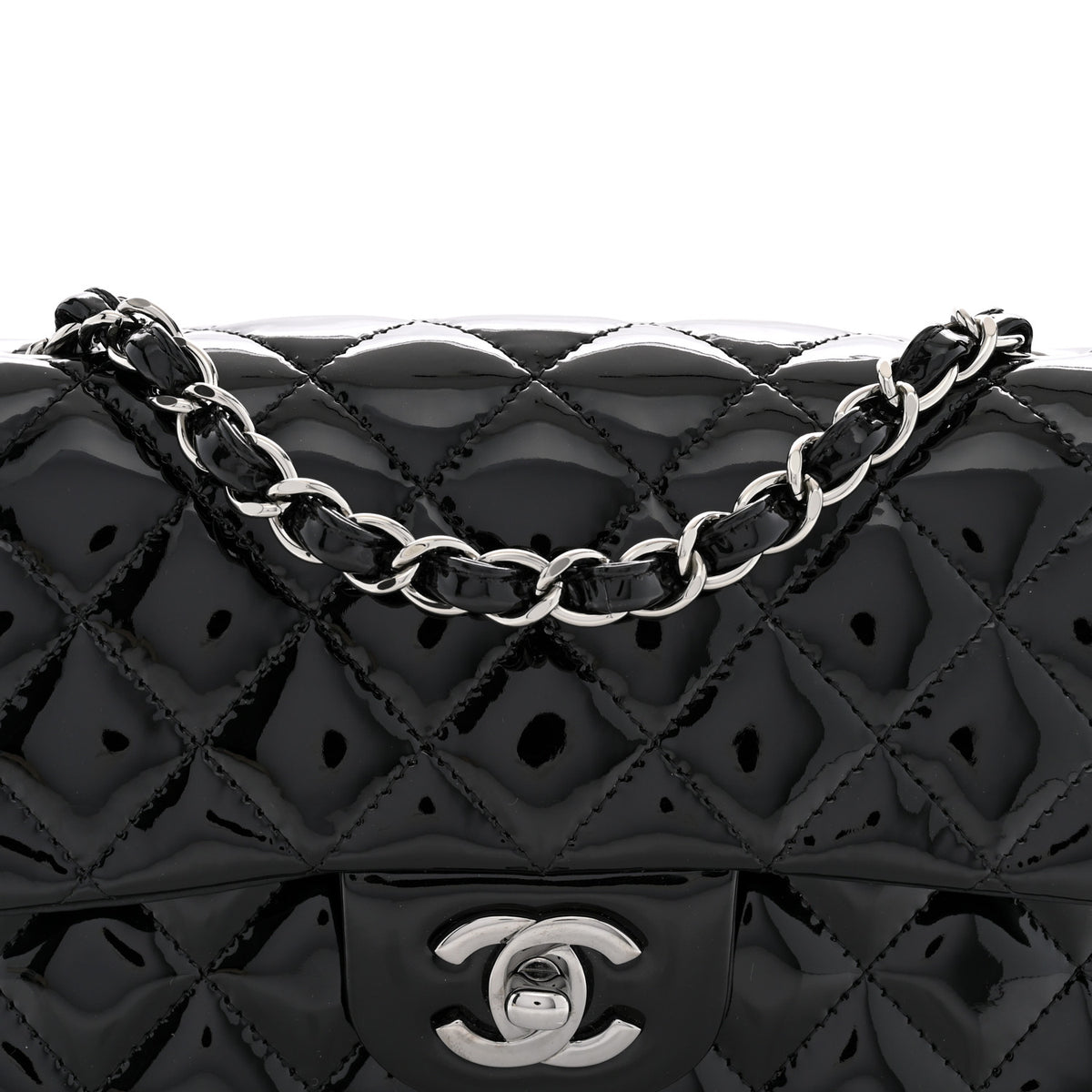 Patent Calfskin Quilted Mini Rectangular Flap Black