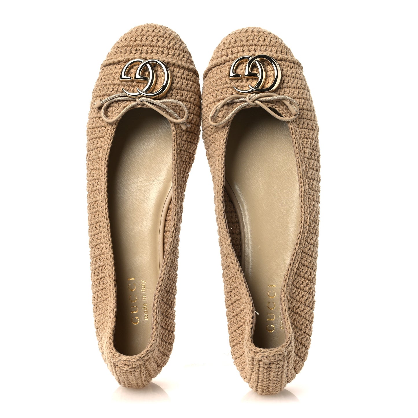 Cotton Crochet Nappa Camargue GG Ballerina Flats 38.5 Ecru Sand Storm