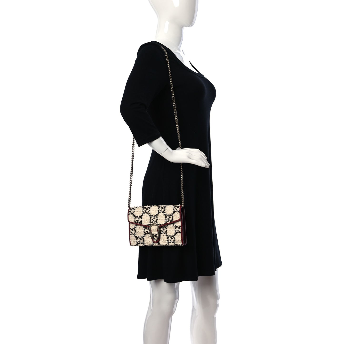 Tweed GG Monogram Mini Dionysus Chain Wallet White Black Romantic Cherry
