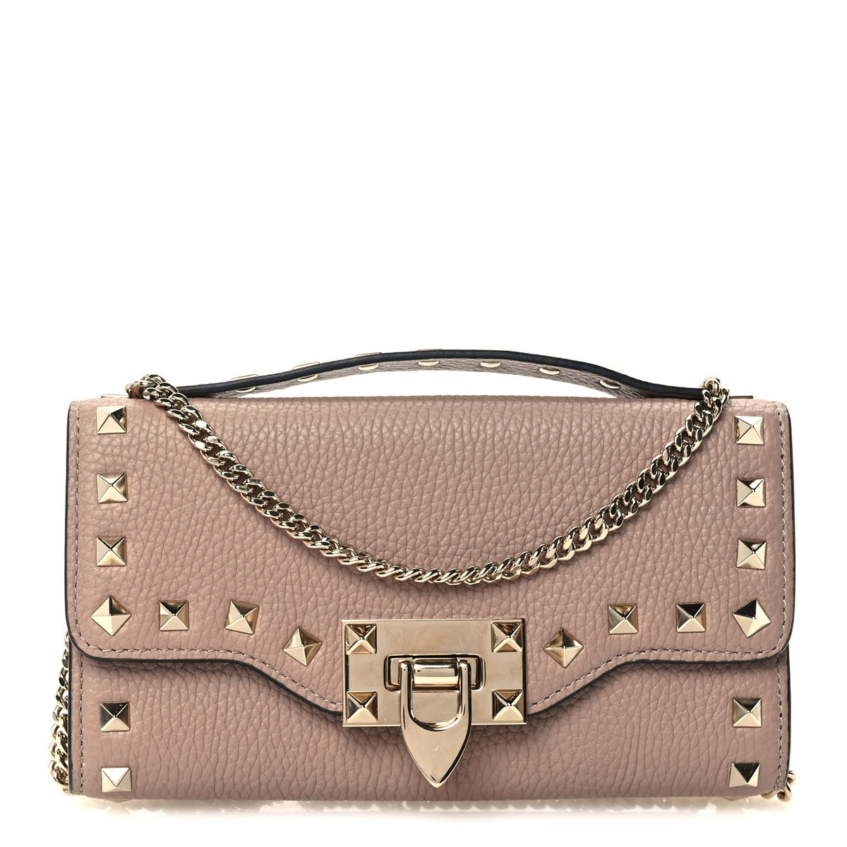 Valentino Garavani Pebbled Calfskin Rockstud Flip Lock Wallet On Chain Poudre 1 of 11