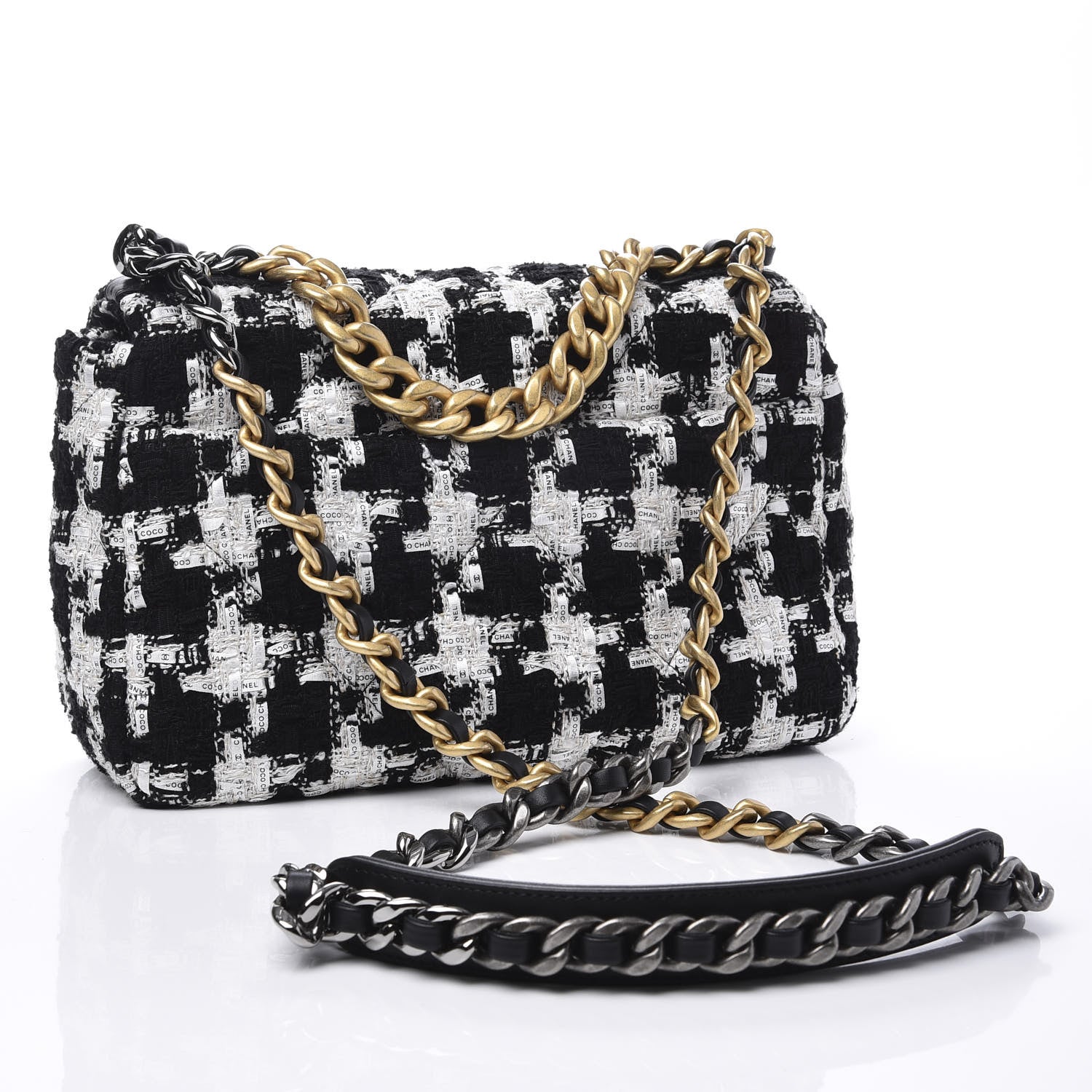 Chanel Tweed Quilted Medium 19 Flap Black Ecru White 2 of 9