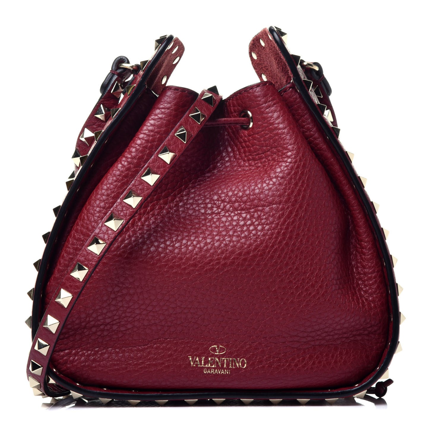 Grained Calfskin Rockstud Bucket Bag Rubino
