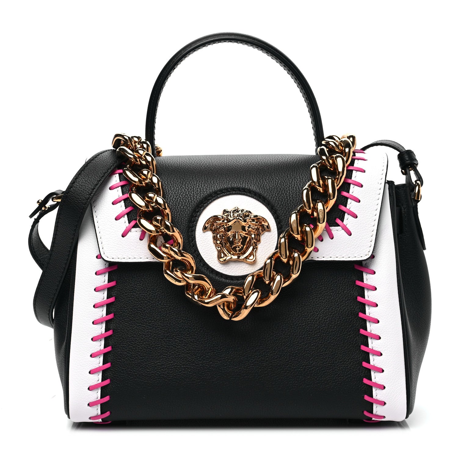 Versace Calfskin Medusa Whipstitch Medium La Medusa Top Handle Handbag Black White 1 of 7