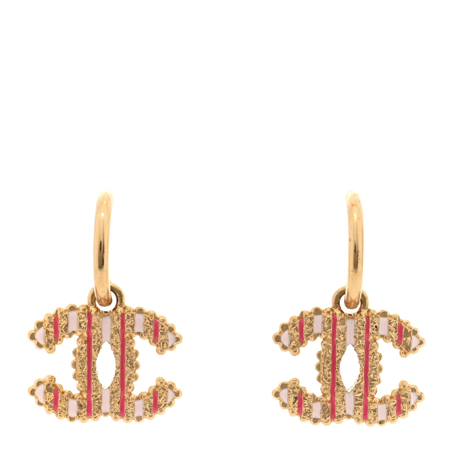 Chanel Enamel CC Textured Hoop Drop Earrings Pink Gold 1 of 4