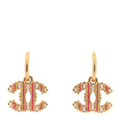 Chanel Enamel CC Textured Hoop Drop Earrings Pink Gold 1 of 4