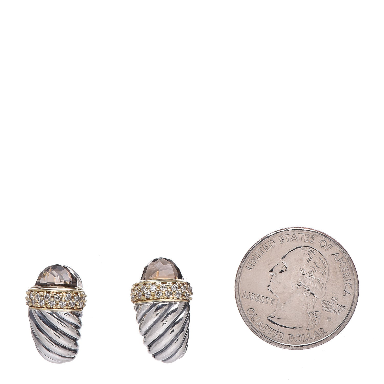 David Yurman Sterling Silver 18K Yellow Gold Smoky Quartz Diamond Shrimp Earrings 2 of 4