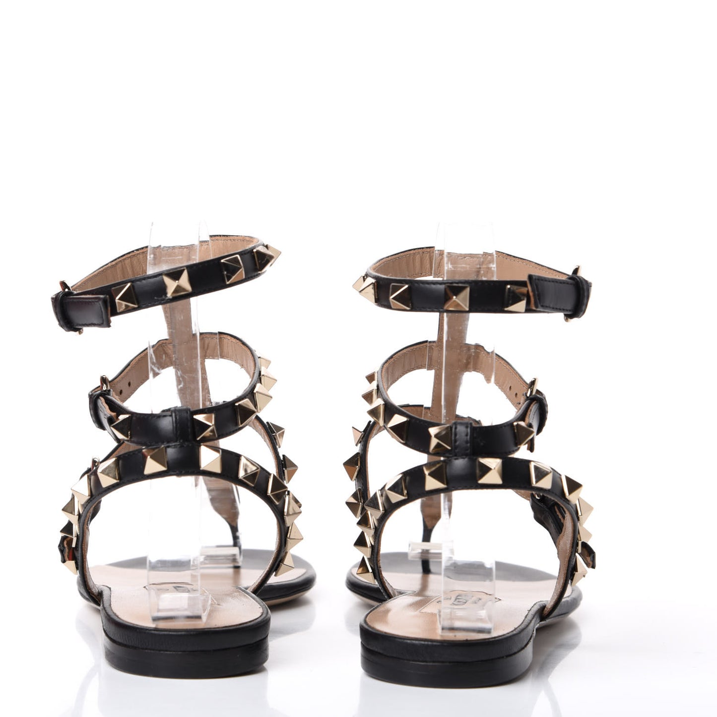 Calfskin Rockstud Ankle Wrap Flat Thong Sandals 36 Black