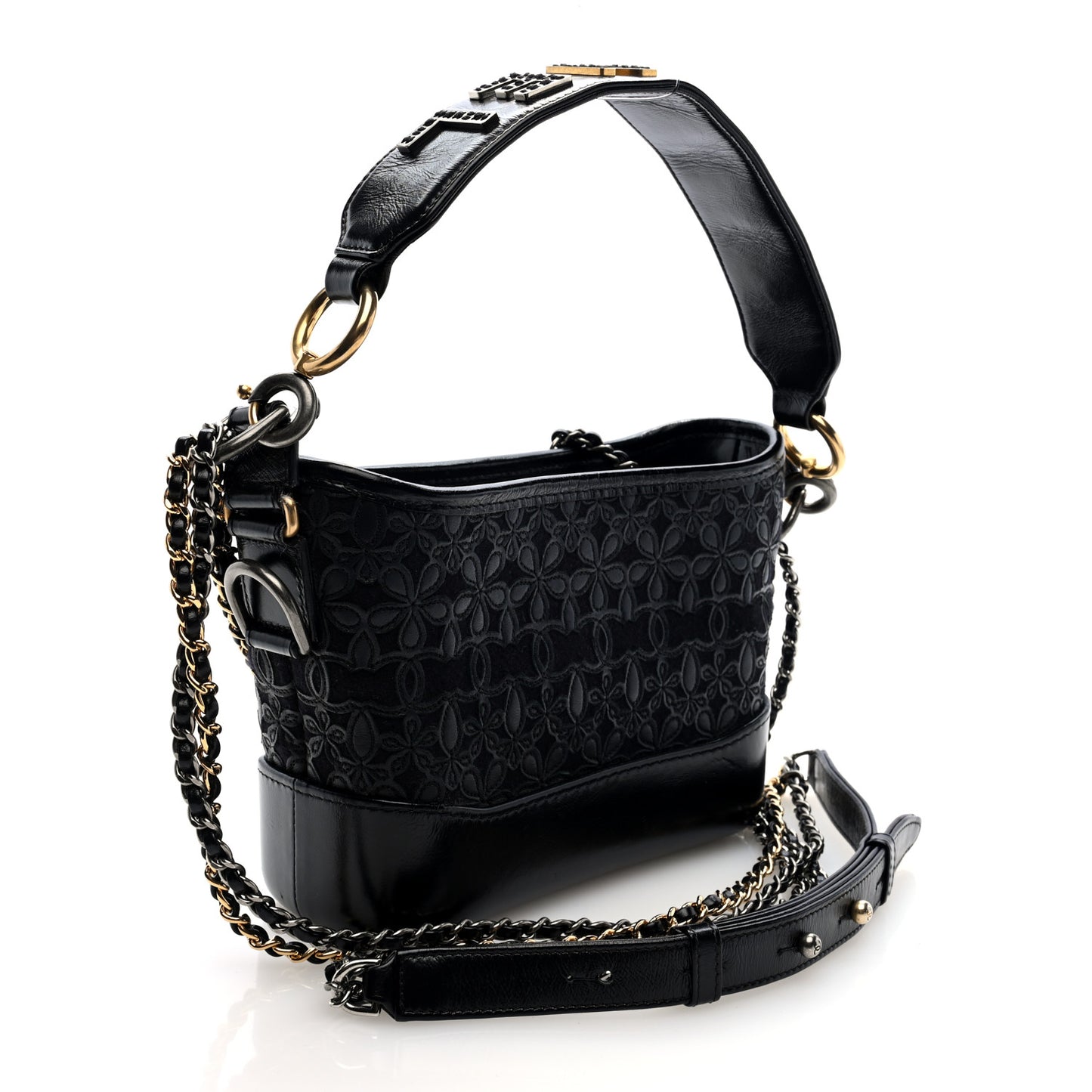 Calfskin Wool Felt Embossed Small Gabrielle Logo Hobo Black