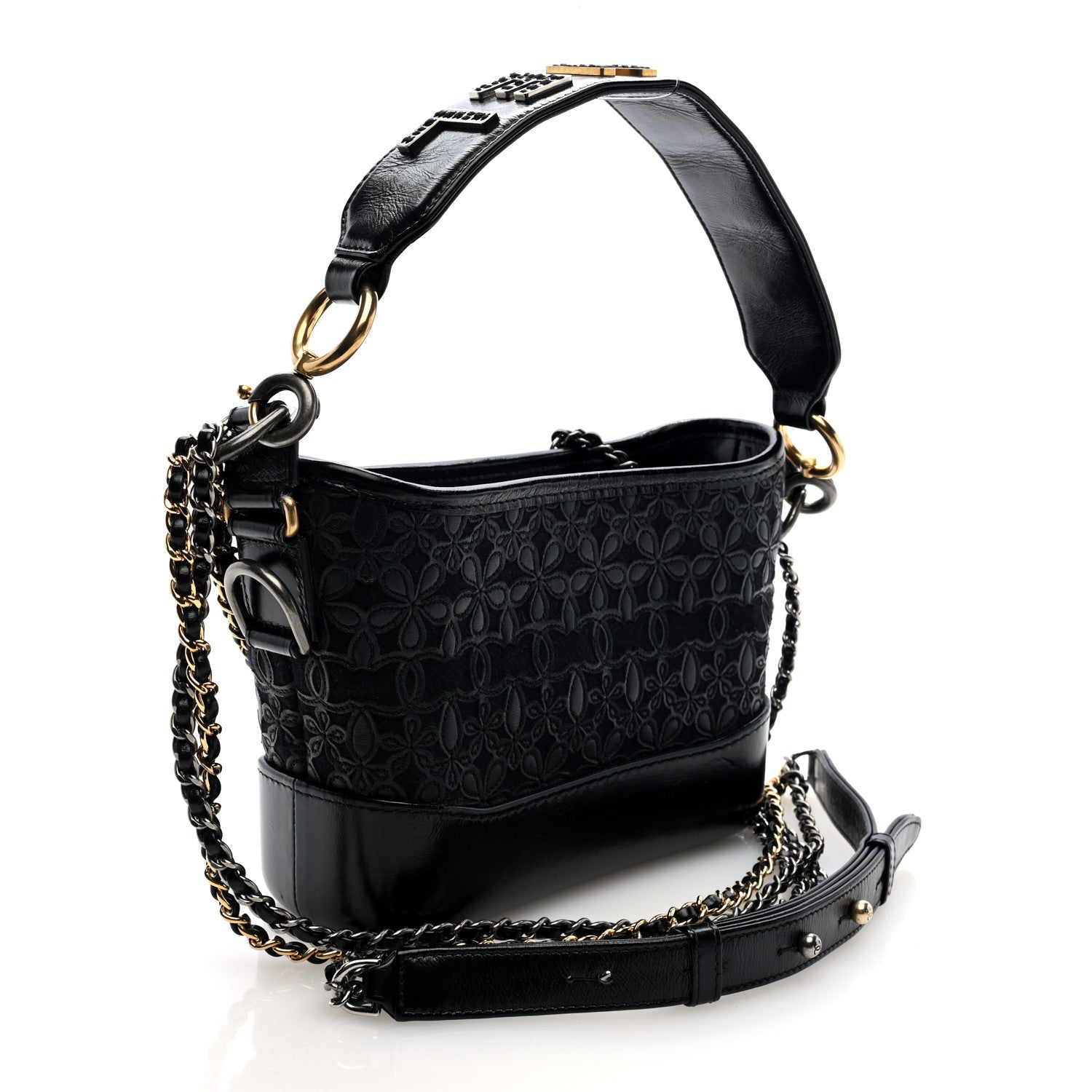 Chanel Calfskin Wool Felt Embossed Small Gabrielle Logo Hobo Black 3 of 9