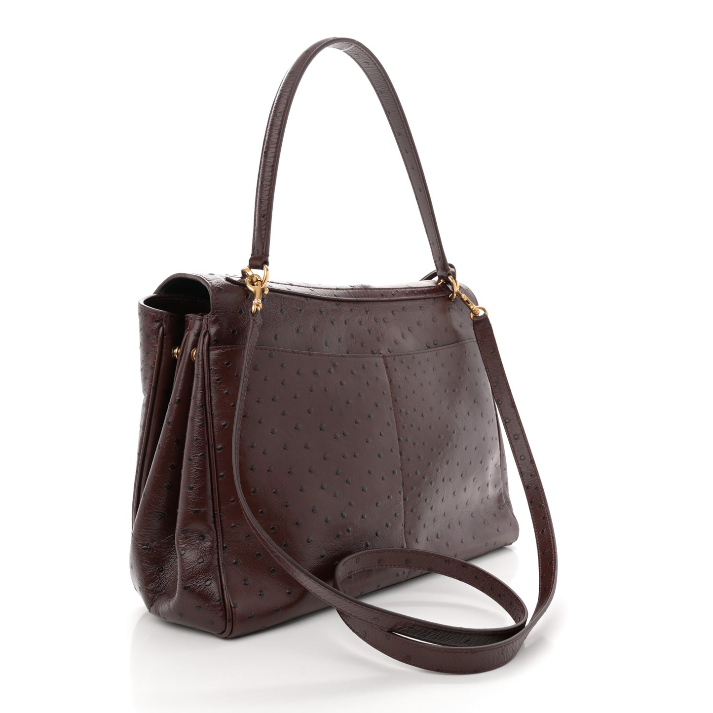 Shiny Calfskin Ostrich Embossed Medium Rodeo Top Handle Handbag Brown