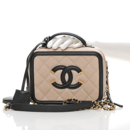 Chanel Caviar Quilted Small CC Filigree Vanity Case Beige Black 3 of 9