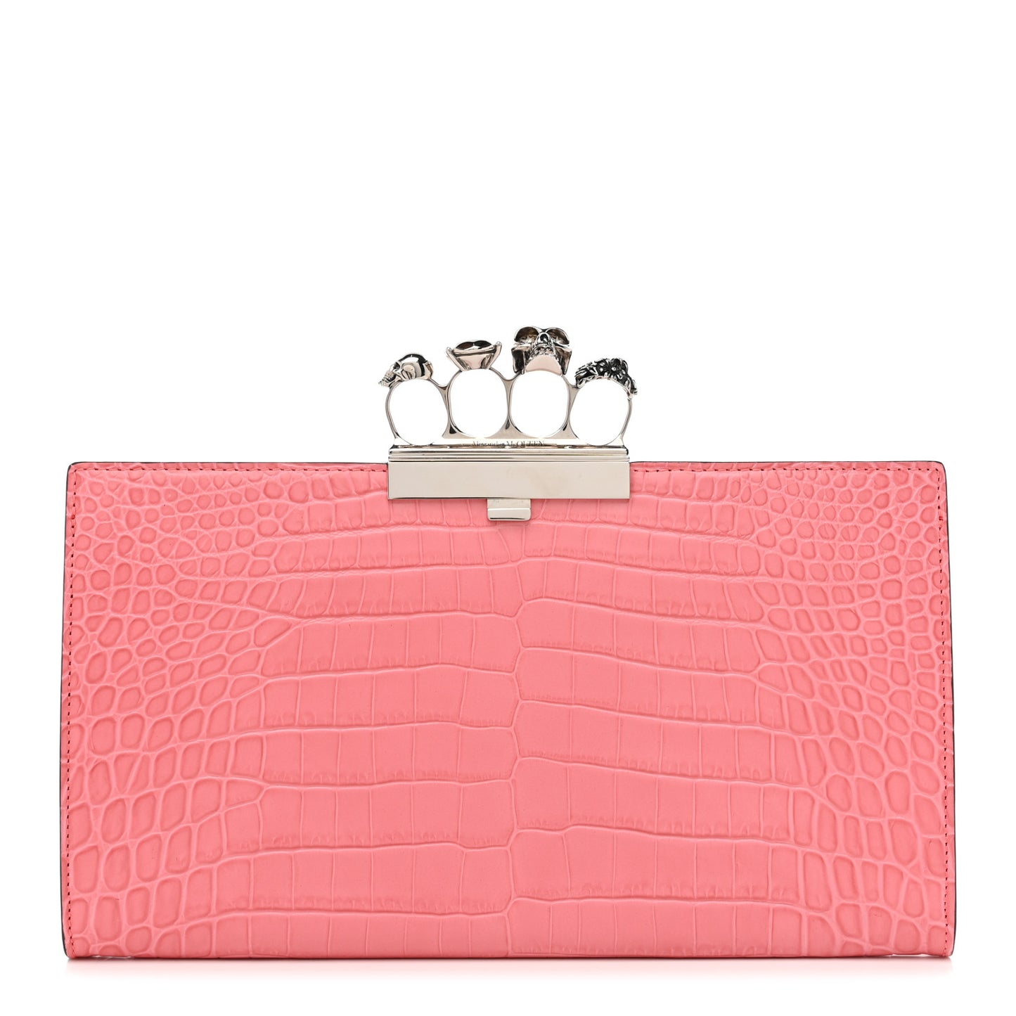 Calfskin Crocodile Embossed Knuckle Flat Clutch Coral