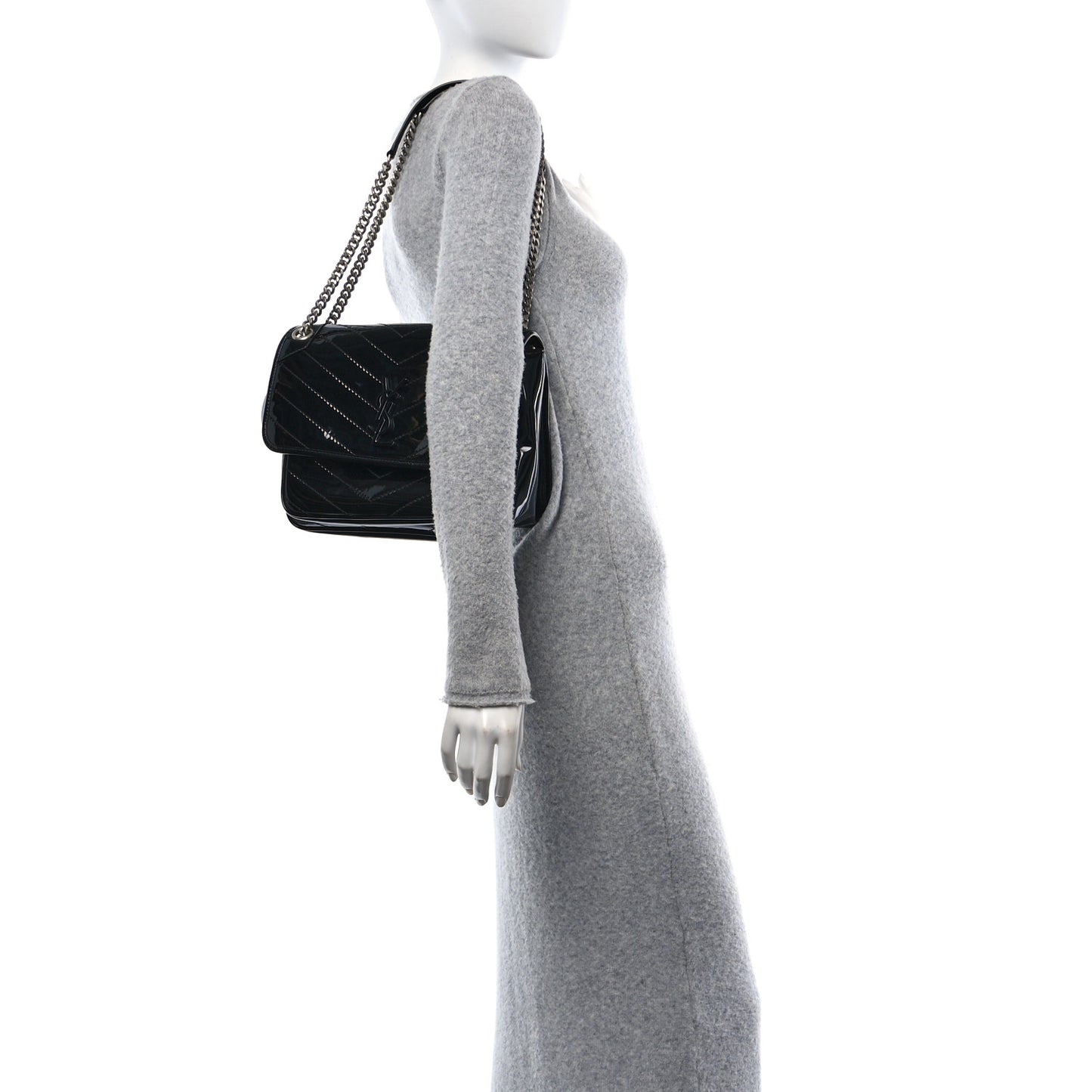 Faux Patent Matelasse Monogram Medium Niki Chain Satchel Black