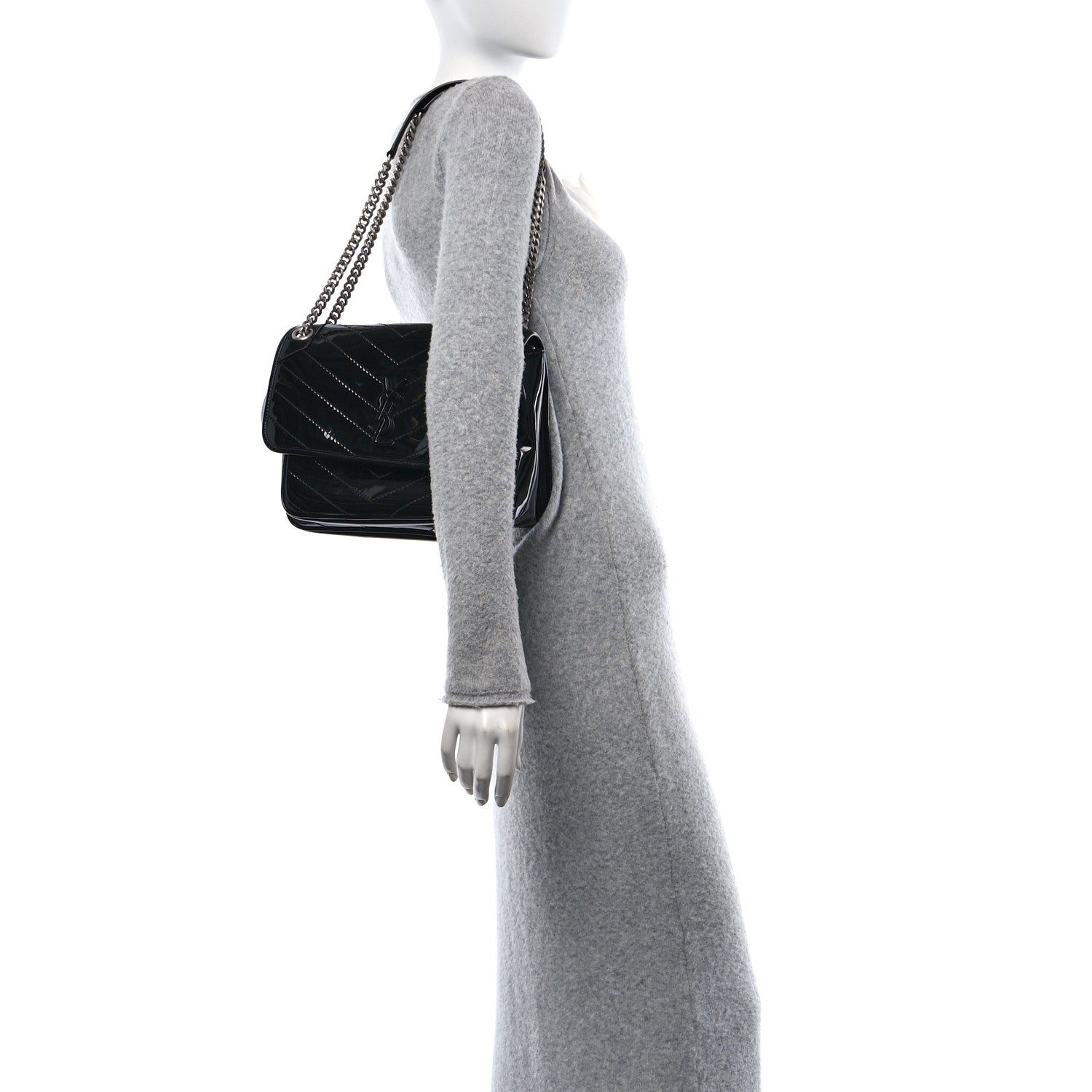 Saint Laurent Faux Patent Matelasse Monogram Medium Niki Chain Satchel Black 2 of 10