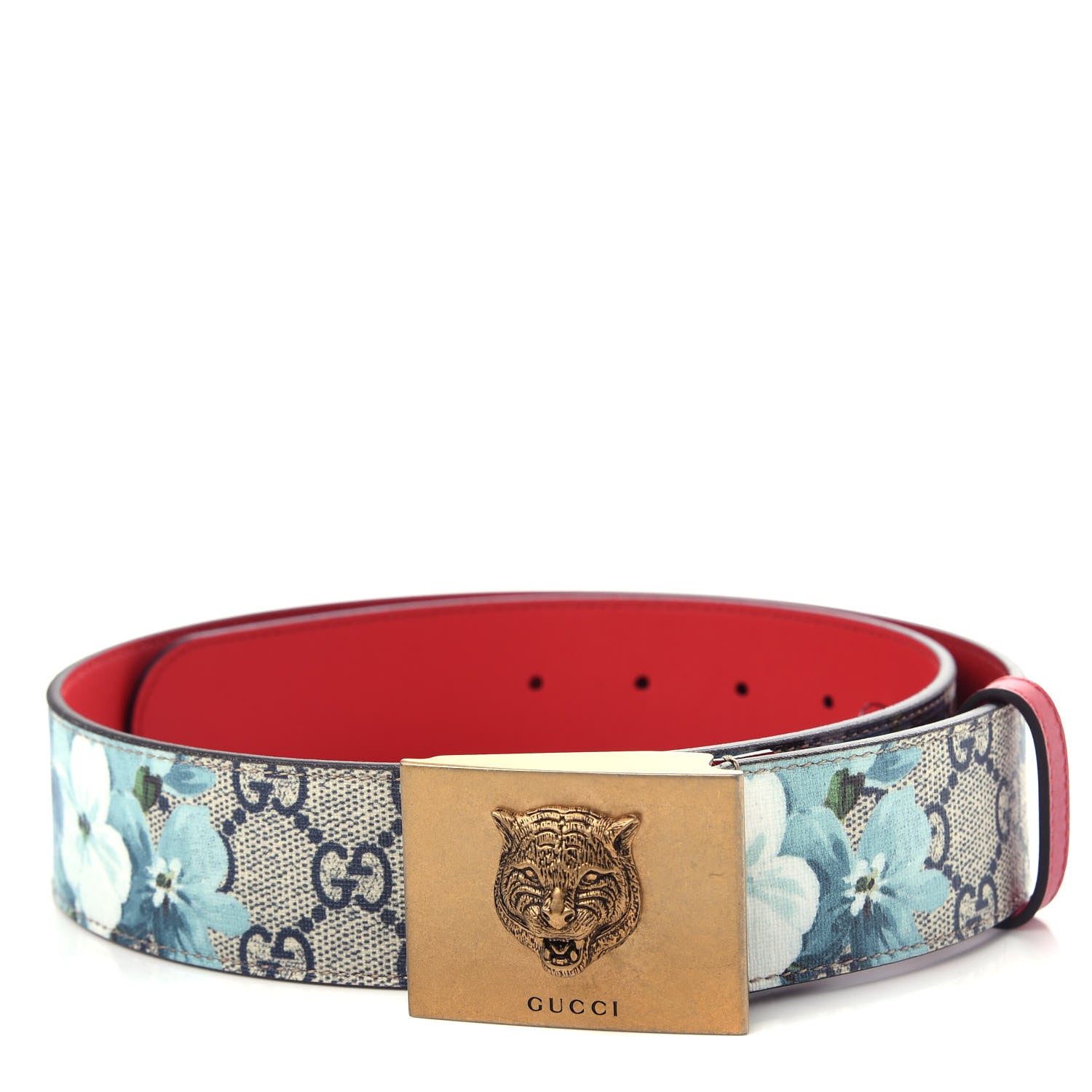Gucci GG Plus Monogram Blooms Plaque Belt 80 32 Blue 1 of 5
