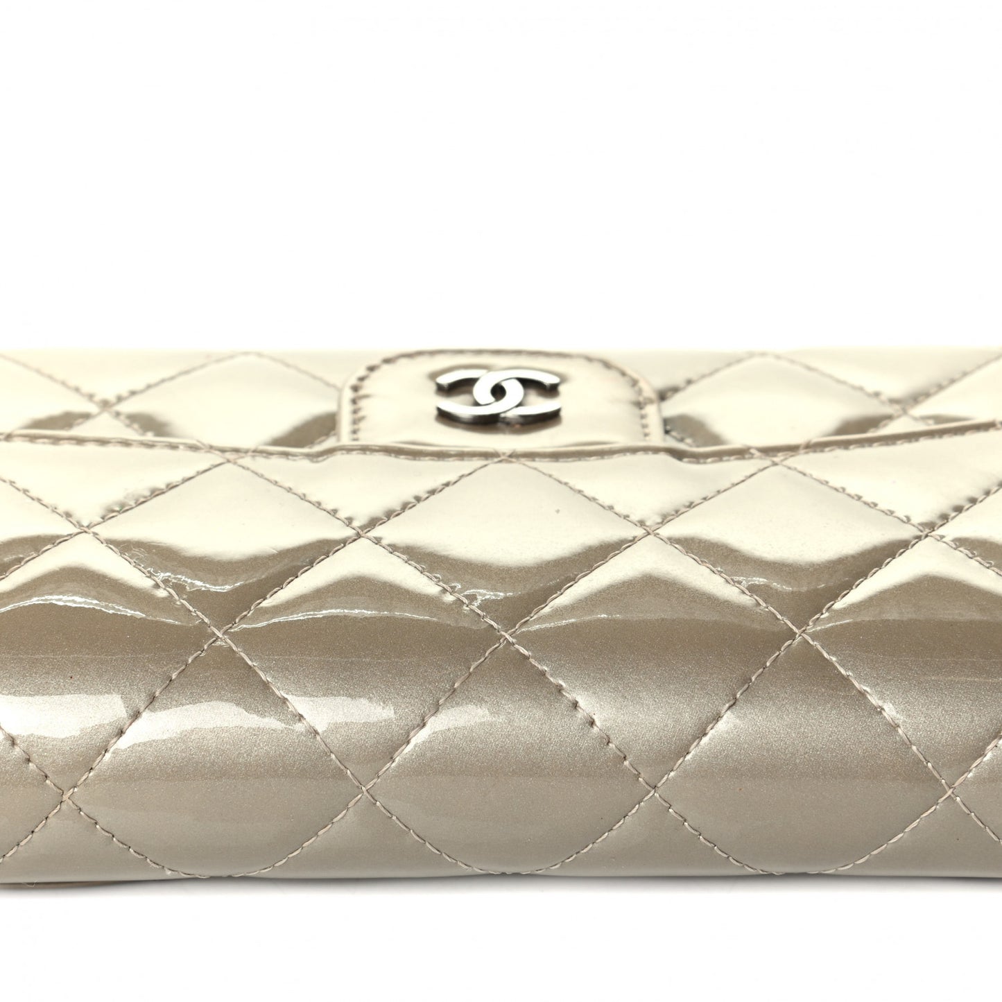 Patent Calfskin Quilted Large Flap Wallet Ivory