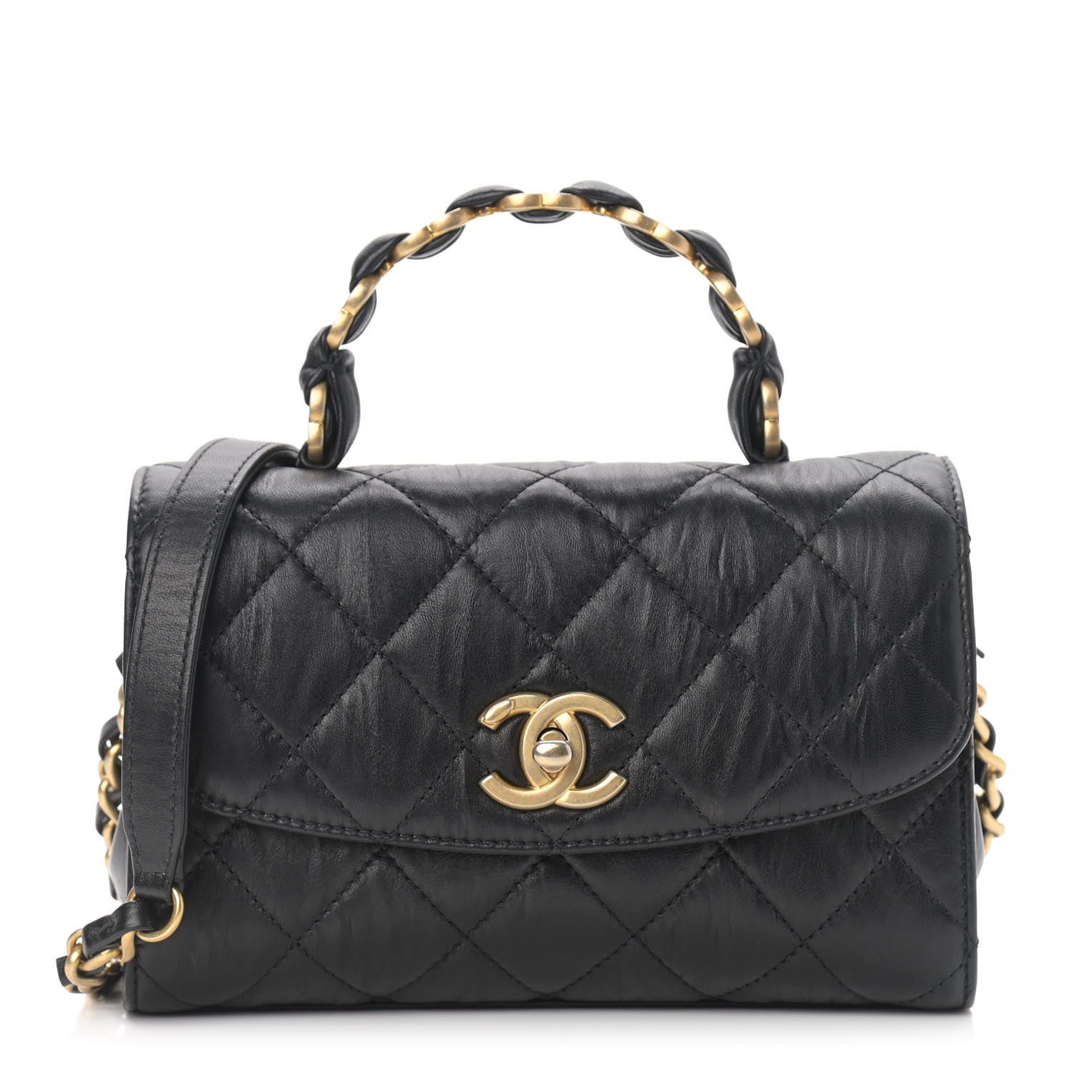 Chanel Crumpled Lambskin Quilted Mini CC Links Top Handle Flap Black 1 of 9