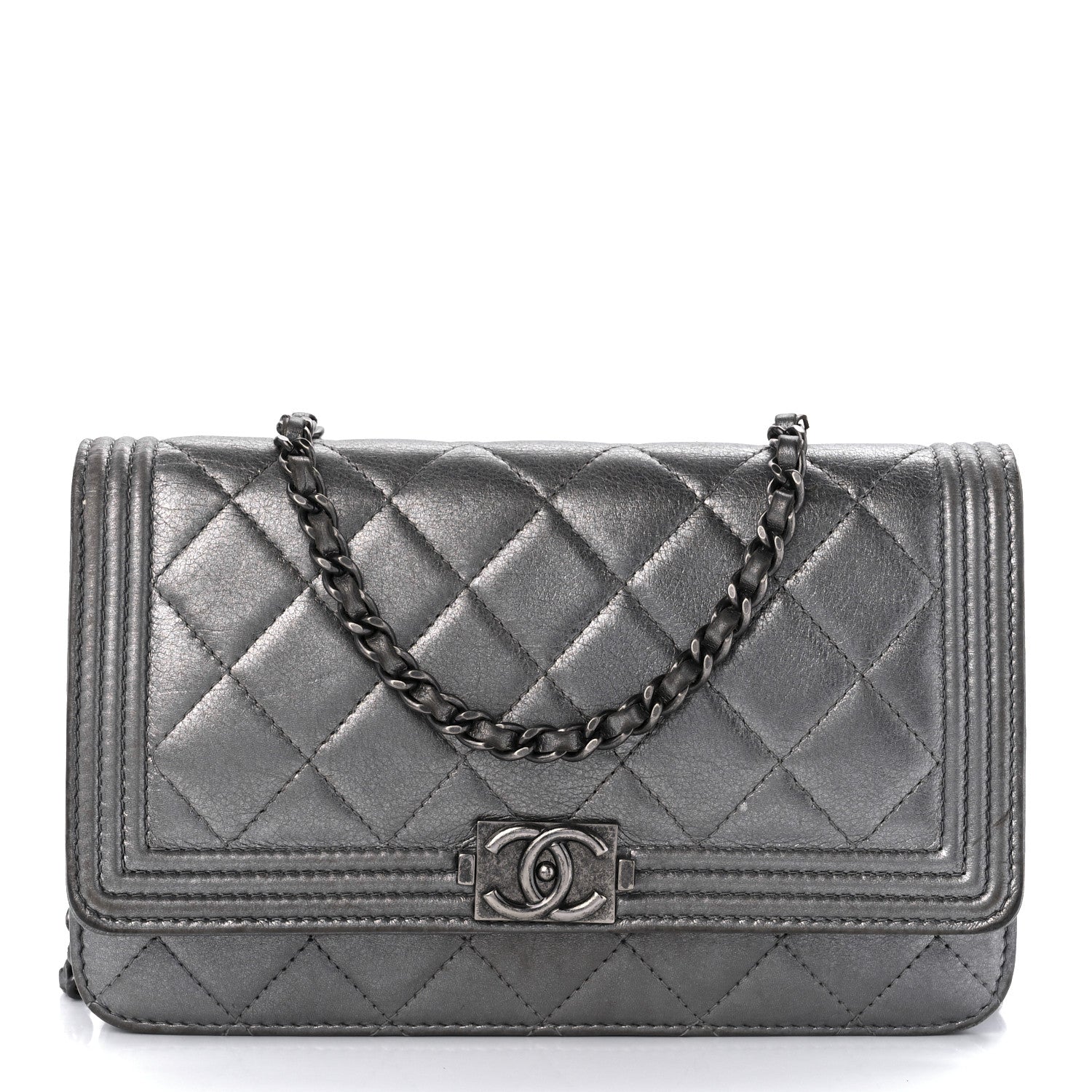 Chanel Metallic Calfskin Quilted Boy Wallet On Chain WOC Silver 1 of 8