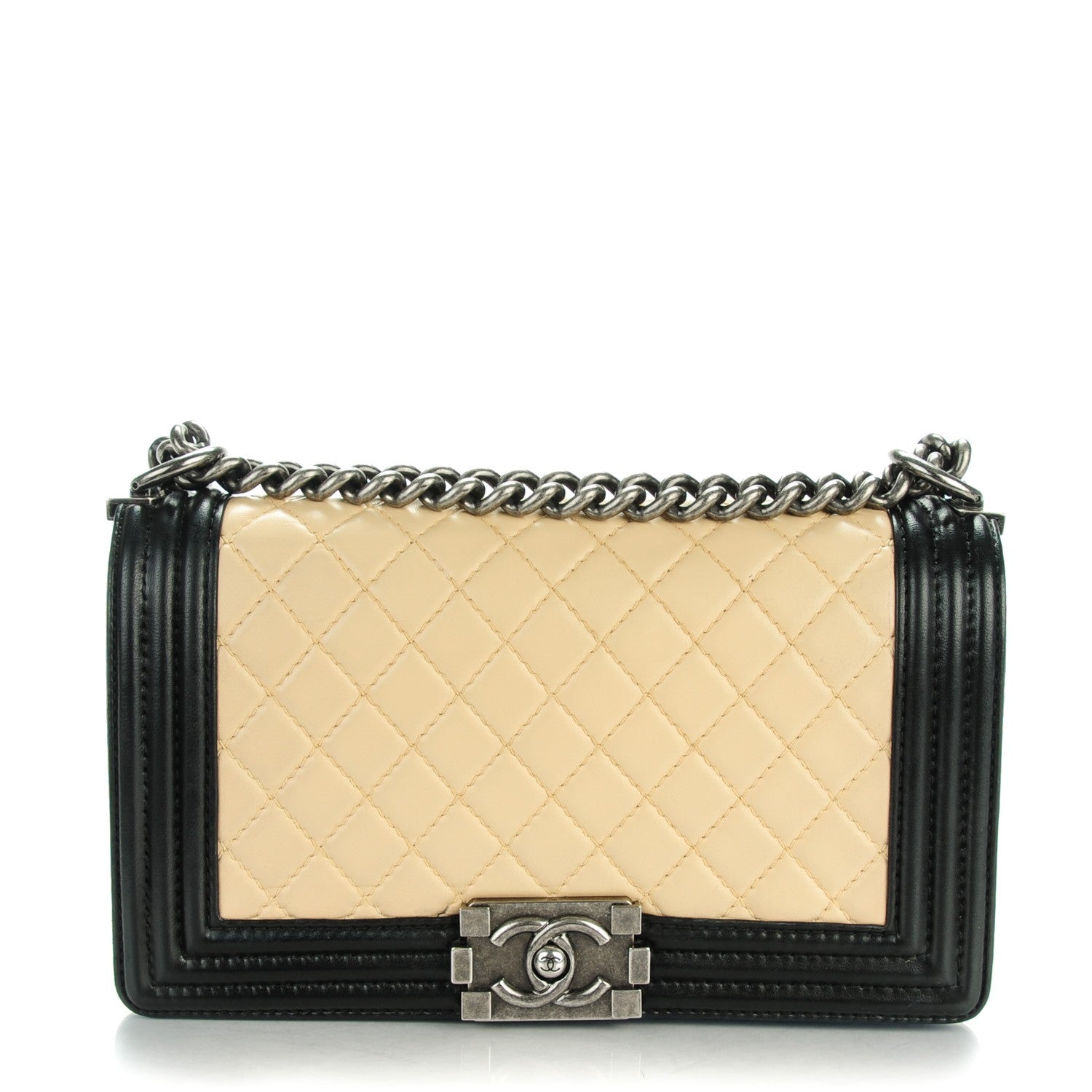 Chanel Lambskin Quilted Medium Boy Flap Black Beige 1 of 8