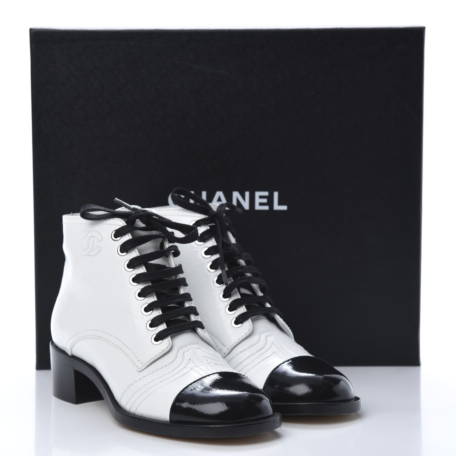 Chanel Patent Calfskin CC Lace Up Boots 35.5 White Black 10 of 10