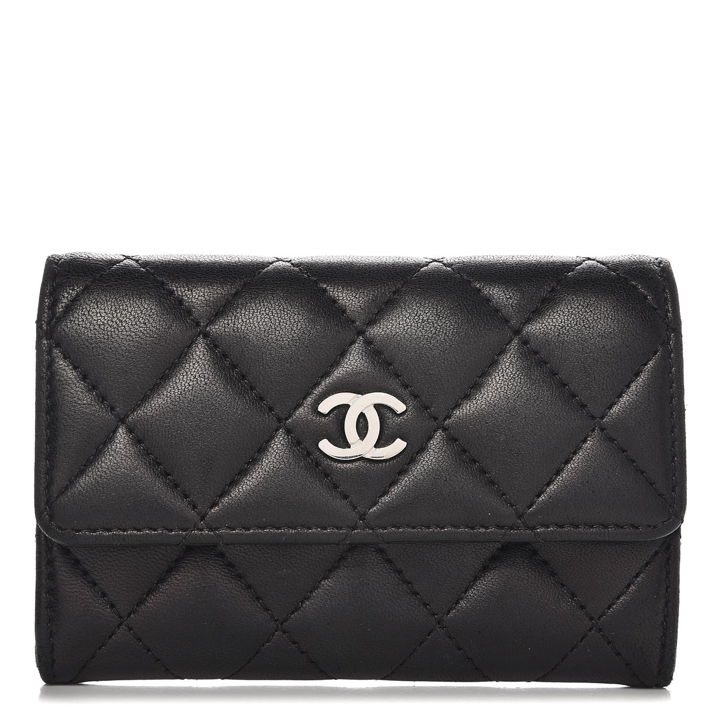 Lambskin Quilted Flap Card Holder Black