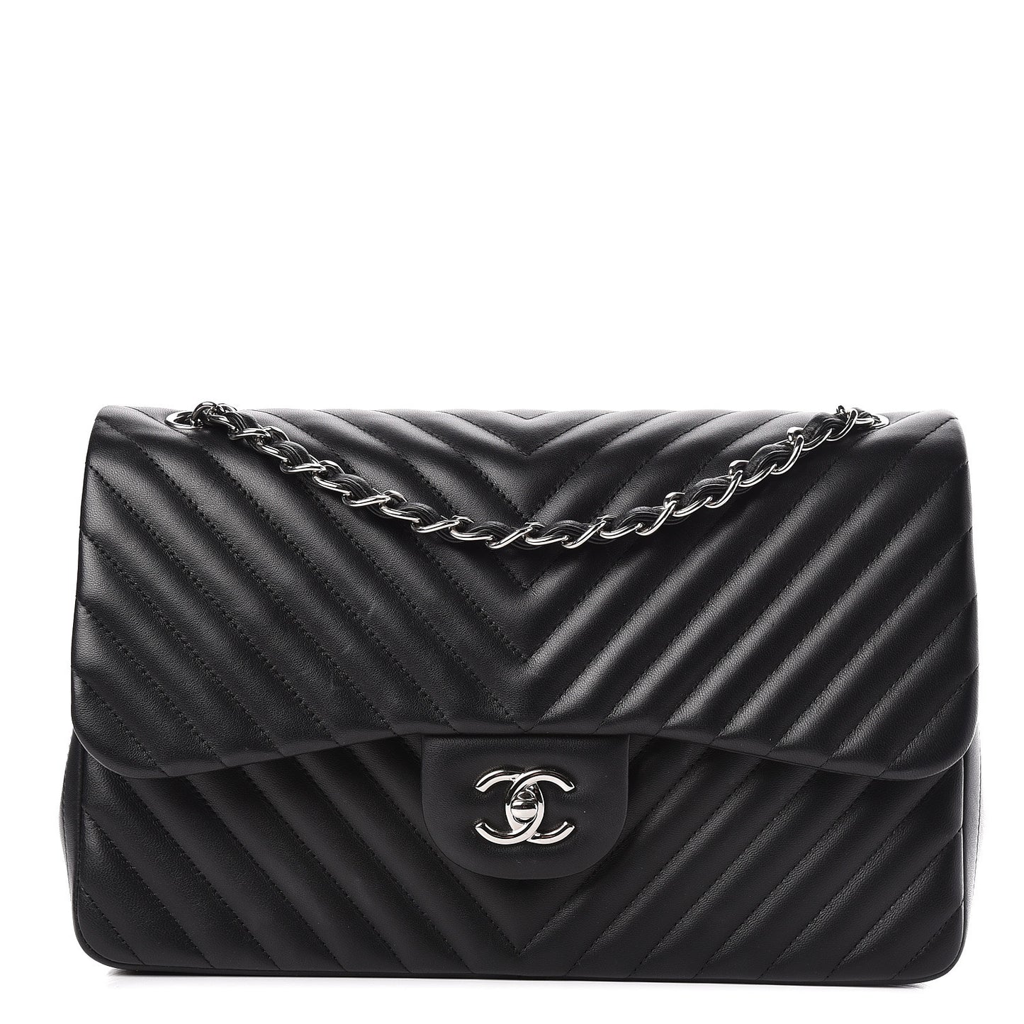 Lambskin Chevron Quilted Jumbo Double Flap Black