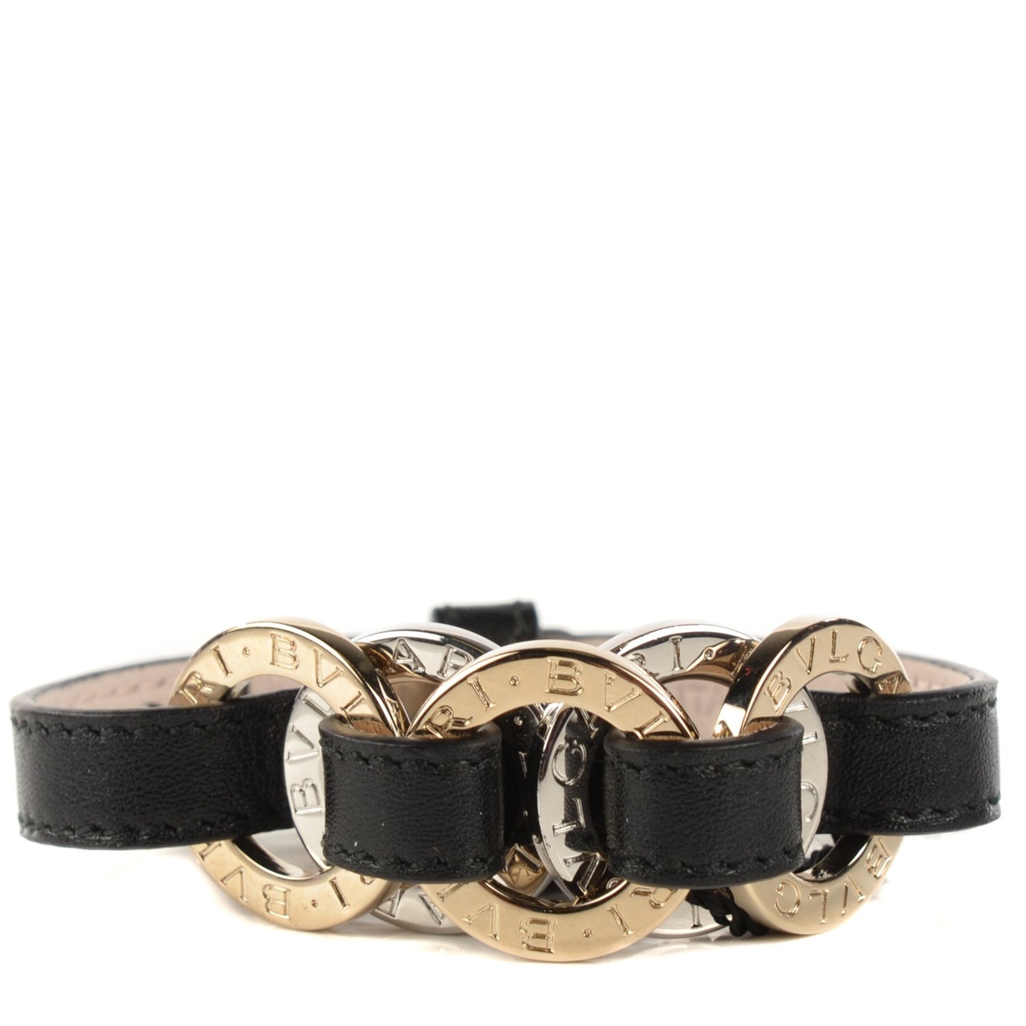 Calfskin Circular Panel Bracelet Black Gold Silver
