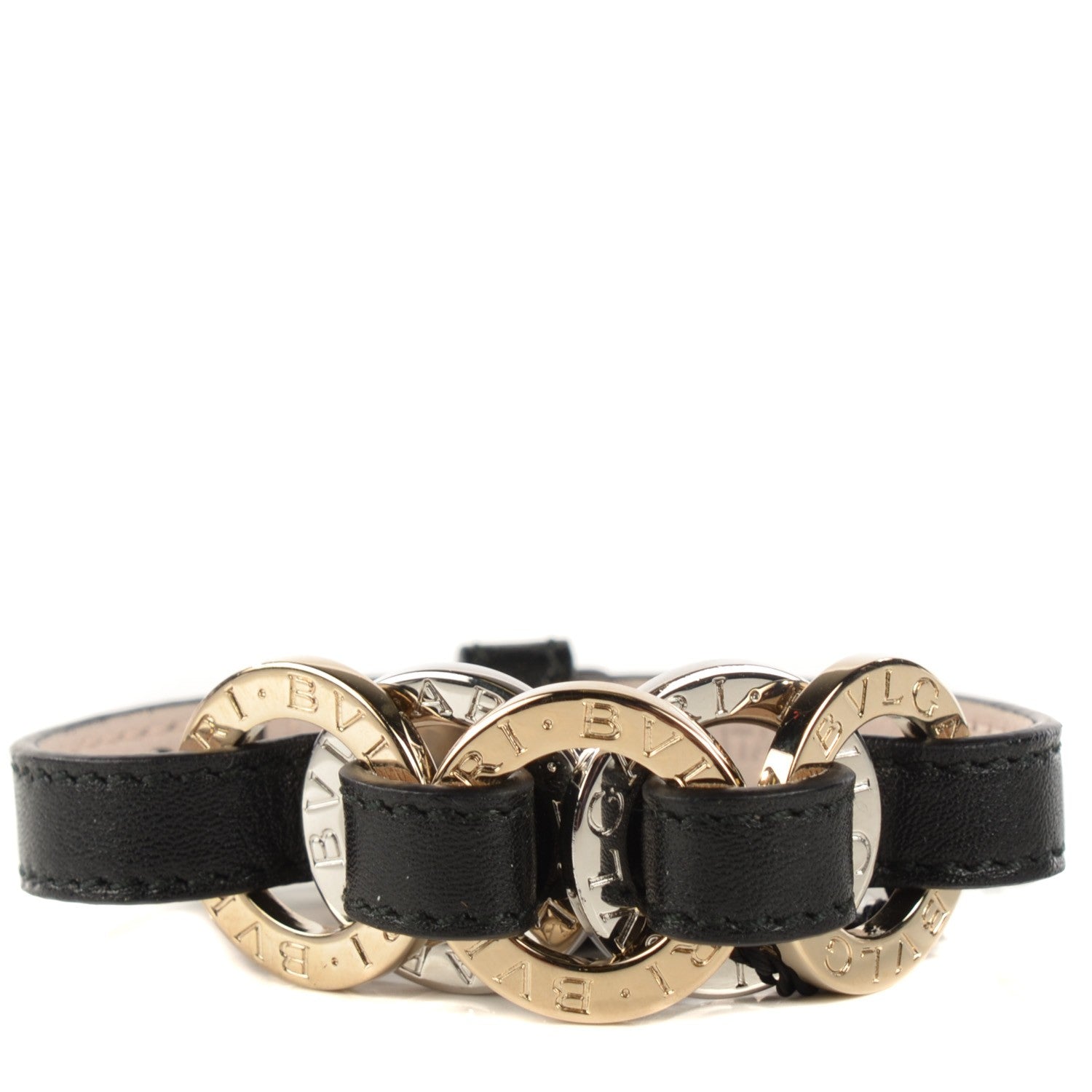 Bulgari Calfskin Circular Panel Bracelet Black Gold Silver 1 of 7