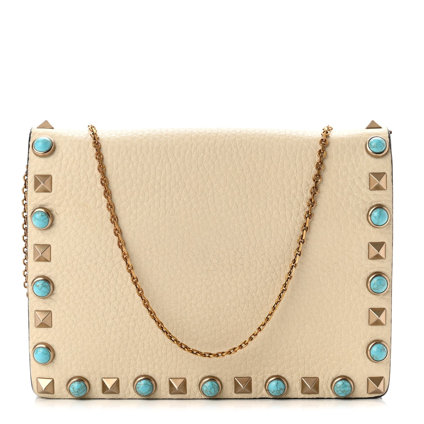 Grained Calfskin Rockstud Rolling Wallet on Chain Light Ivory