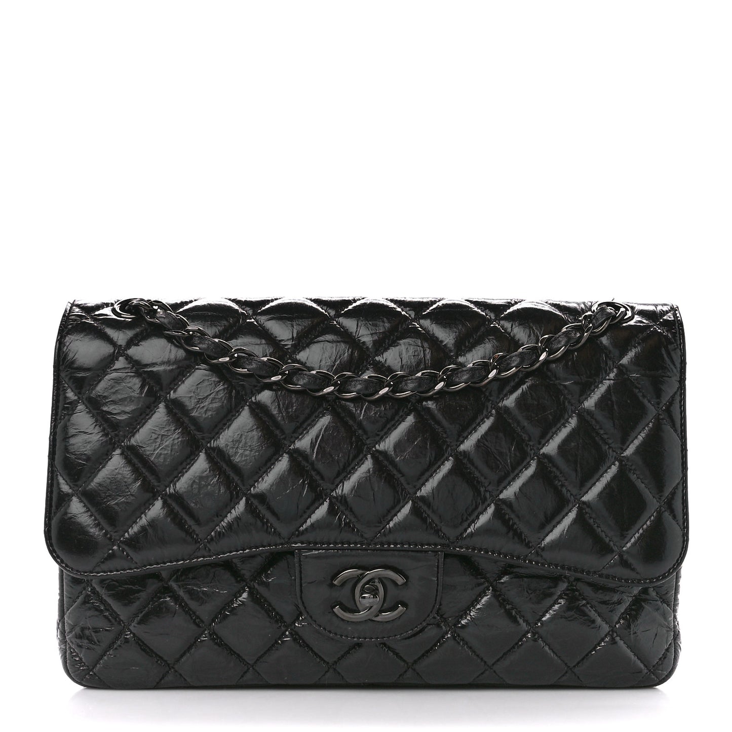 Shiny Distressed Calfskin Quilted Jumbo Double Flap So Black