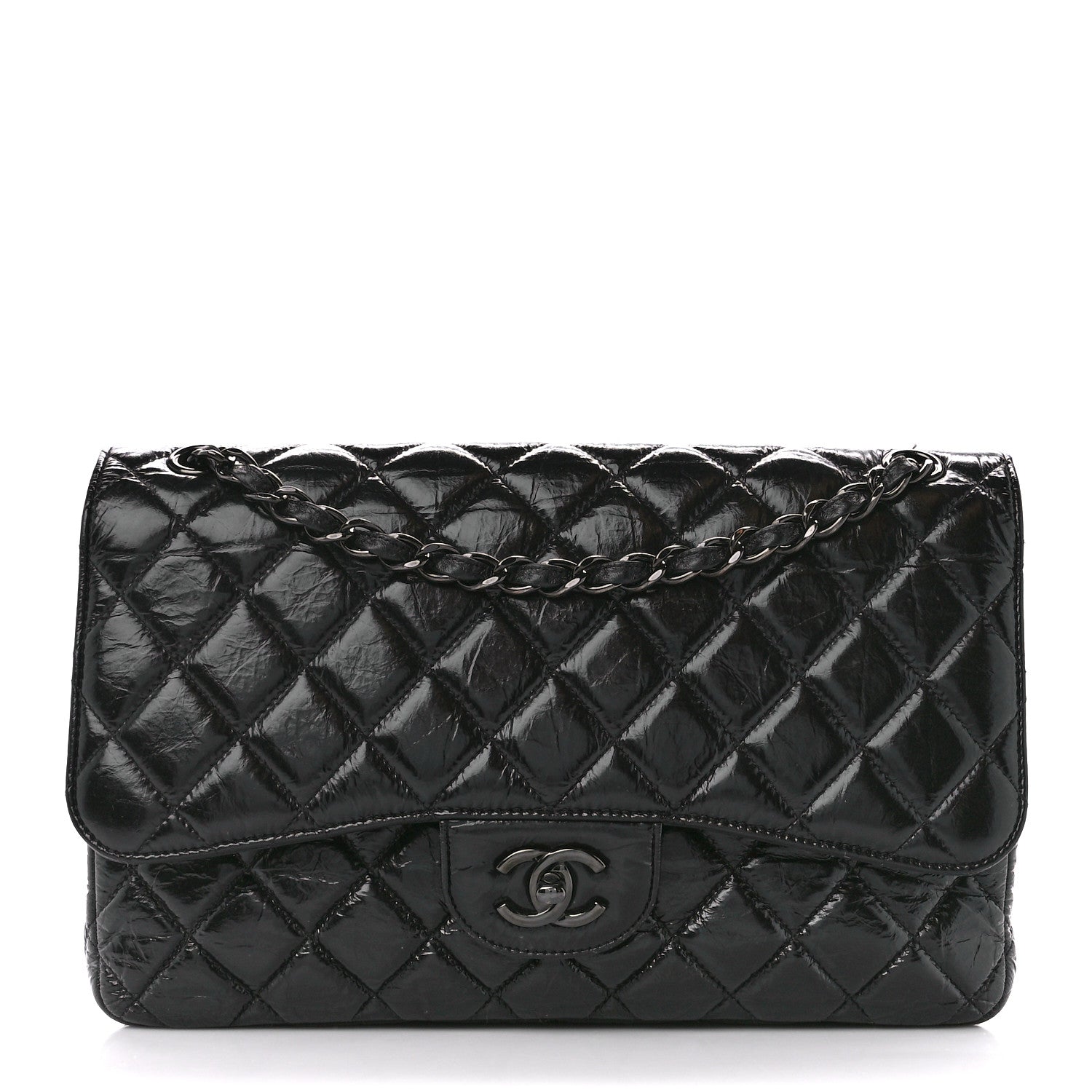 Chanel Shiny Distressed Calfskin Quilted Jumbo Double Flap So Black 1 of 13